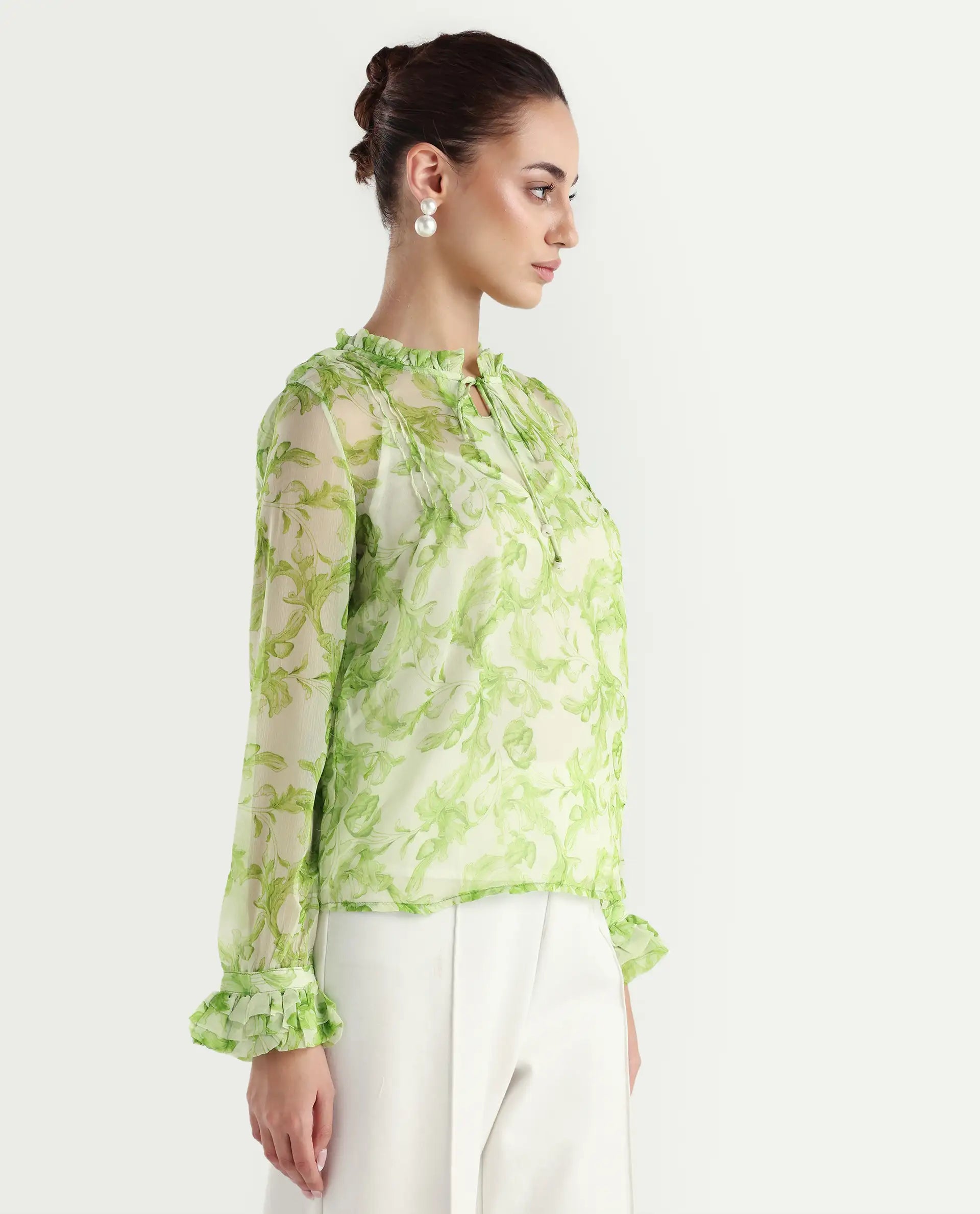 Rareism Women's Willow Green Polyester Tie-Up Neck Tropical Print Ruffled Sleeve Regular Fit Top