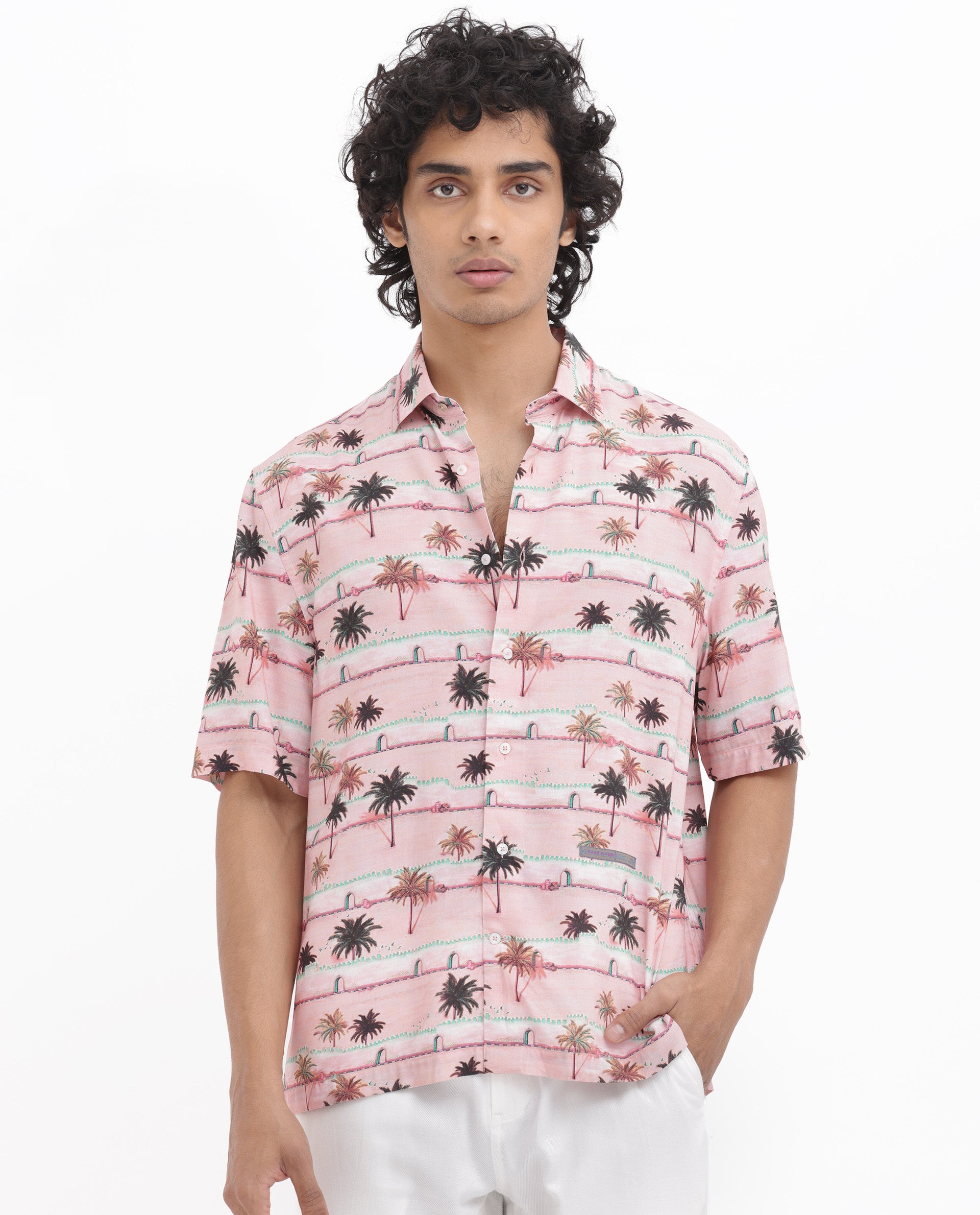 Rare Rabbit Men's Windo Light Pink Cotton Fabric Half Sleeves Boxy Fit Tropical Print Shirt