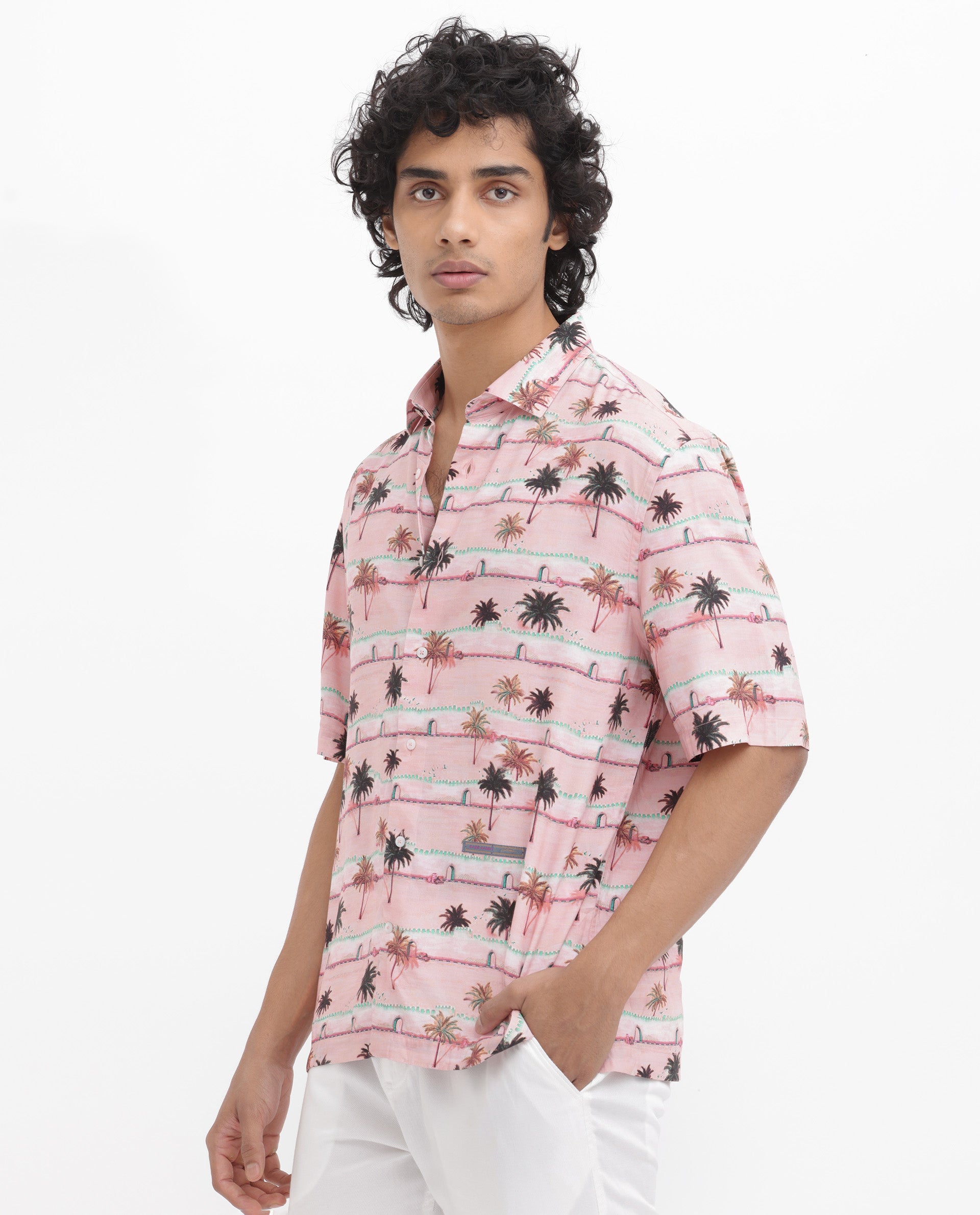 Rare Rabbit Men's Windo Light Pink Cotton Fabric Half Sleeves Boxy Fit Tropical Print Shirt