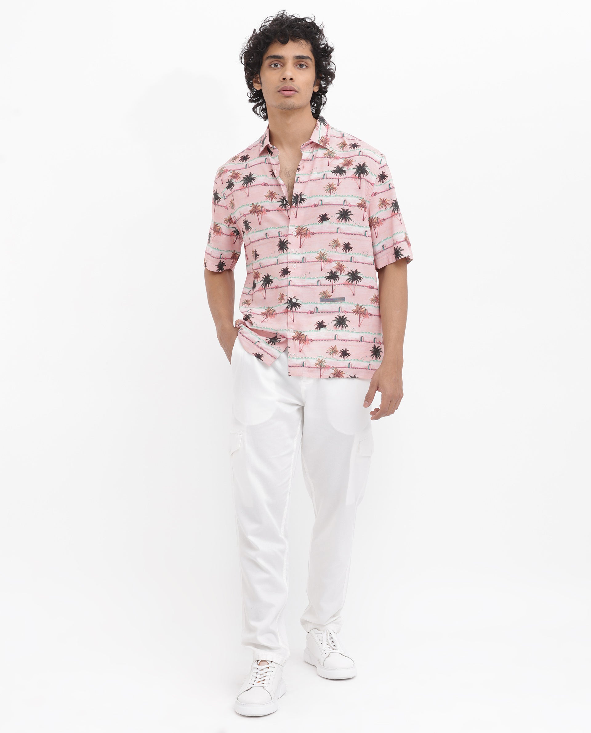 Rare Rabbit Men's Windo Light Pink Cotton Fabric Half Sleeves Boxy Fit Tropical Print Shirt