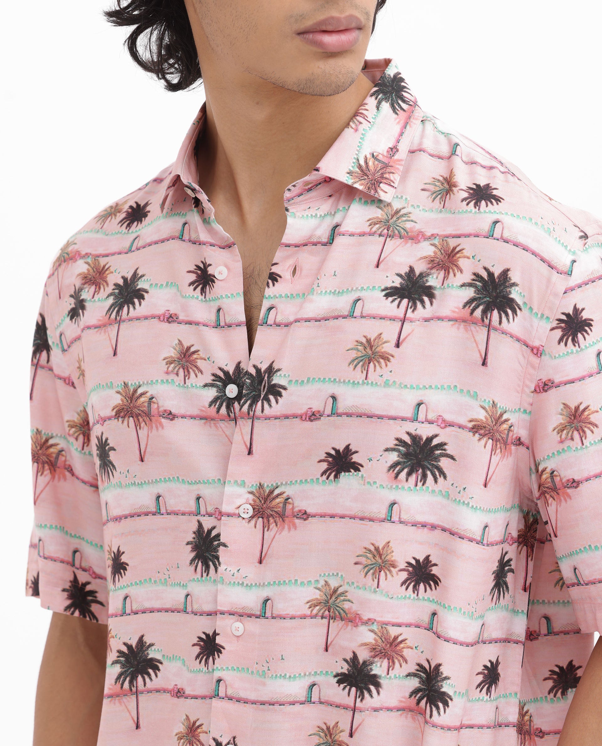 Rare Rabbit Men's Windo Light Pink Cotton Fabric Half Sleeves Boxy Fit Tropical Print Shirt