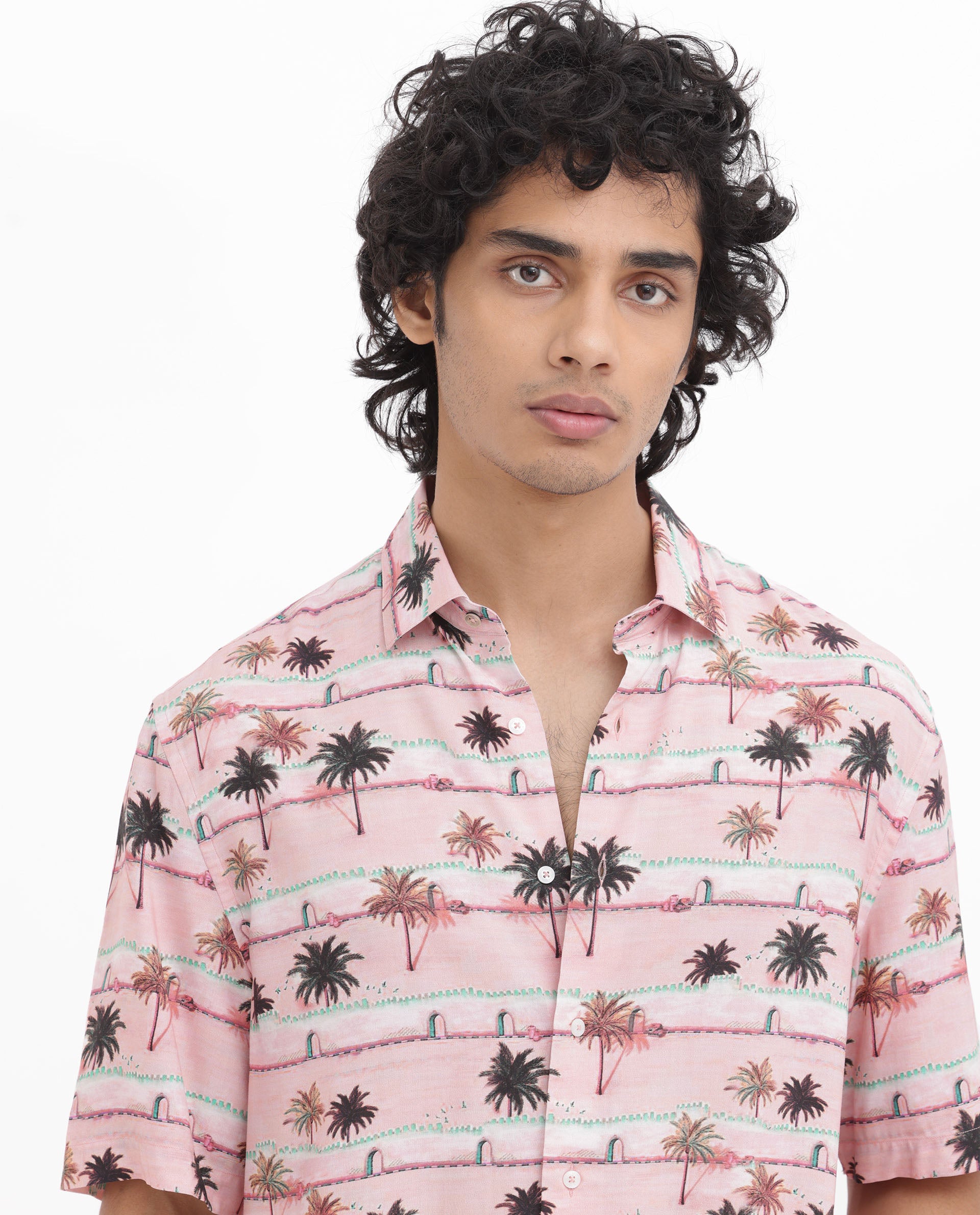 Rare Rabbit Men's Windo Light Pink Cotton Fabric Half Sleeves Boxy Fit Tropical Print Shirt