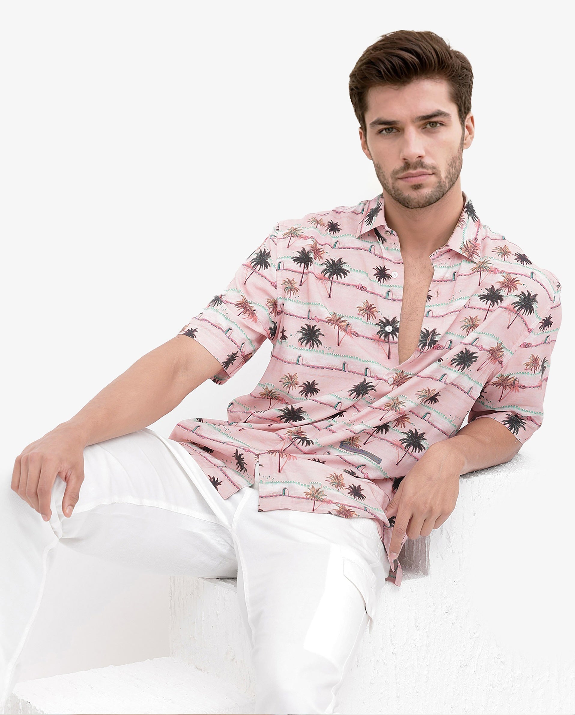 Rare Rabbit Men's Windo Light Pink Cotton Fabric Half Sleeves Boxy Fit Tropical Print Shirt
