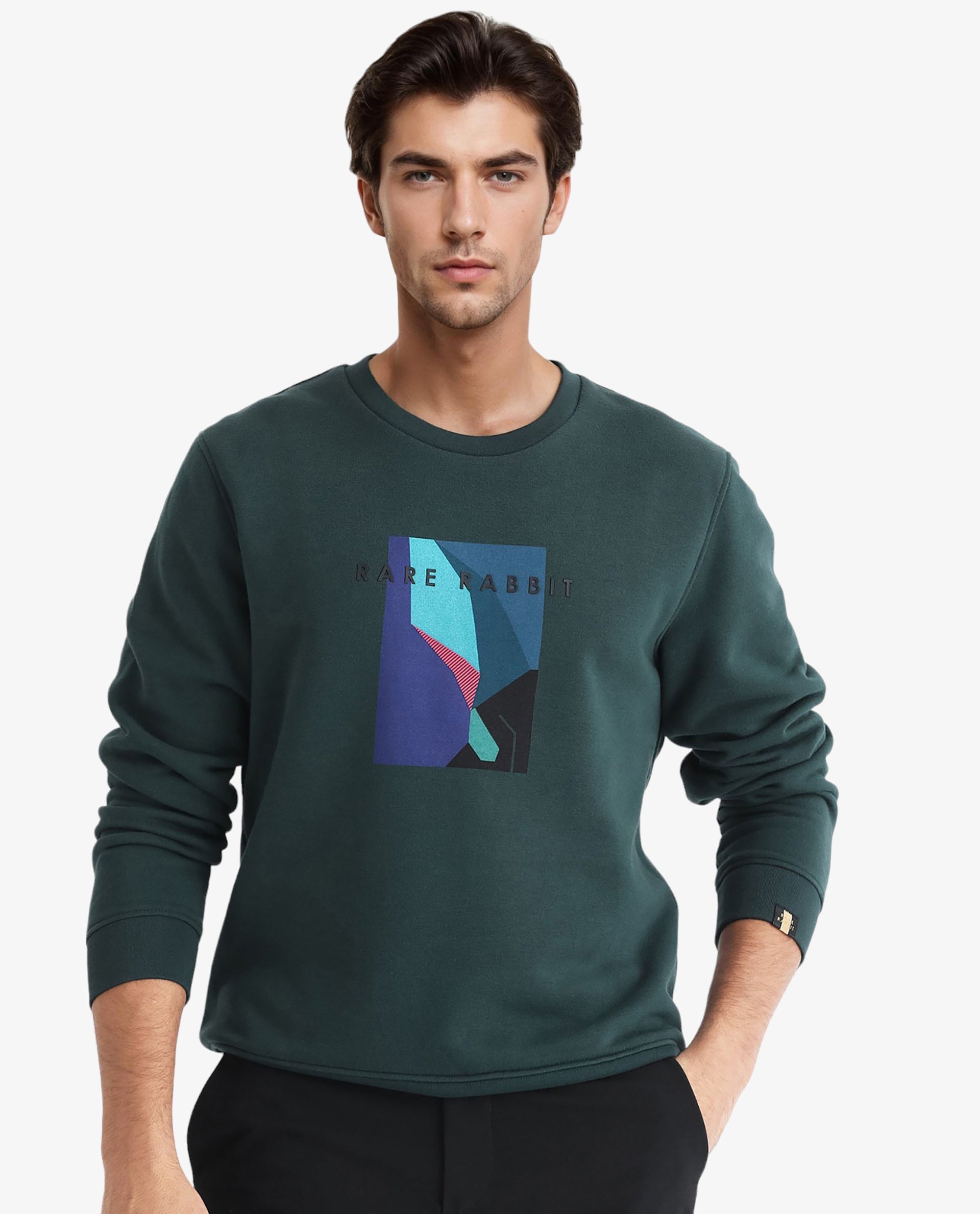 Rare Rabbit Men's Winfred Green Cotton Polyester Fabric Full Sleeves Graphic Print Sweatshirt