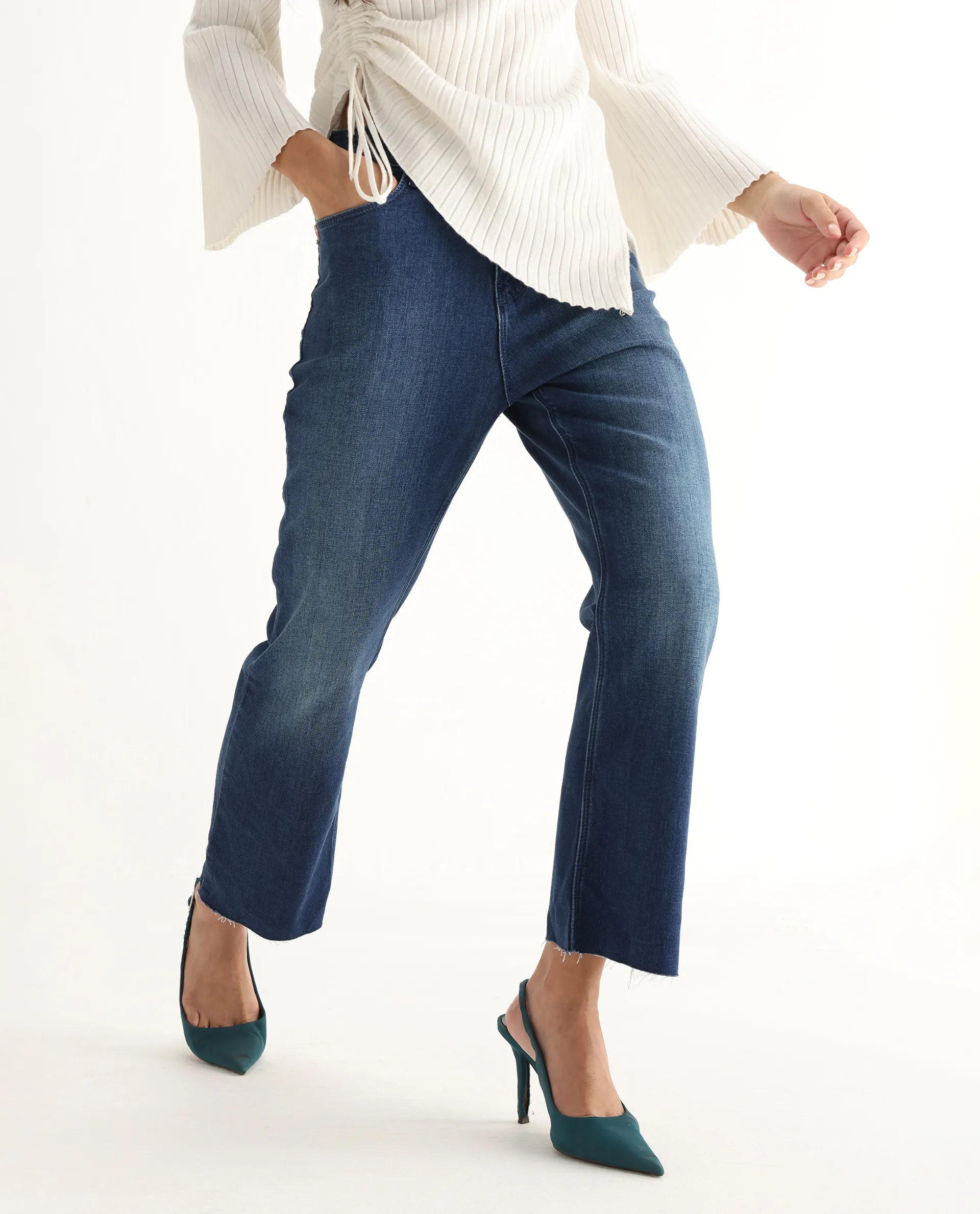 Rareism Women's Winona Blue Cotton Blend Plain Ankle Length Crop Flare Jeans