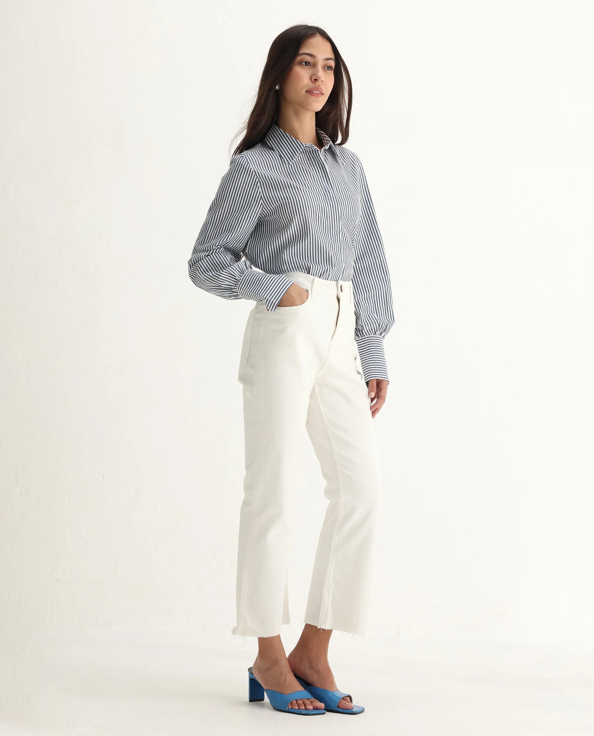 Rareism Women's Winona White Cotton Blend Plain Ankle Length Crop Flare Jeans