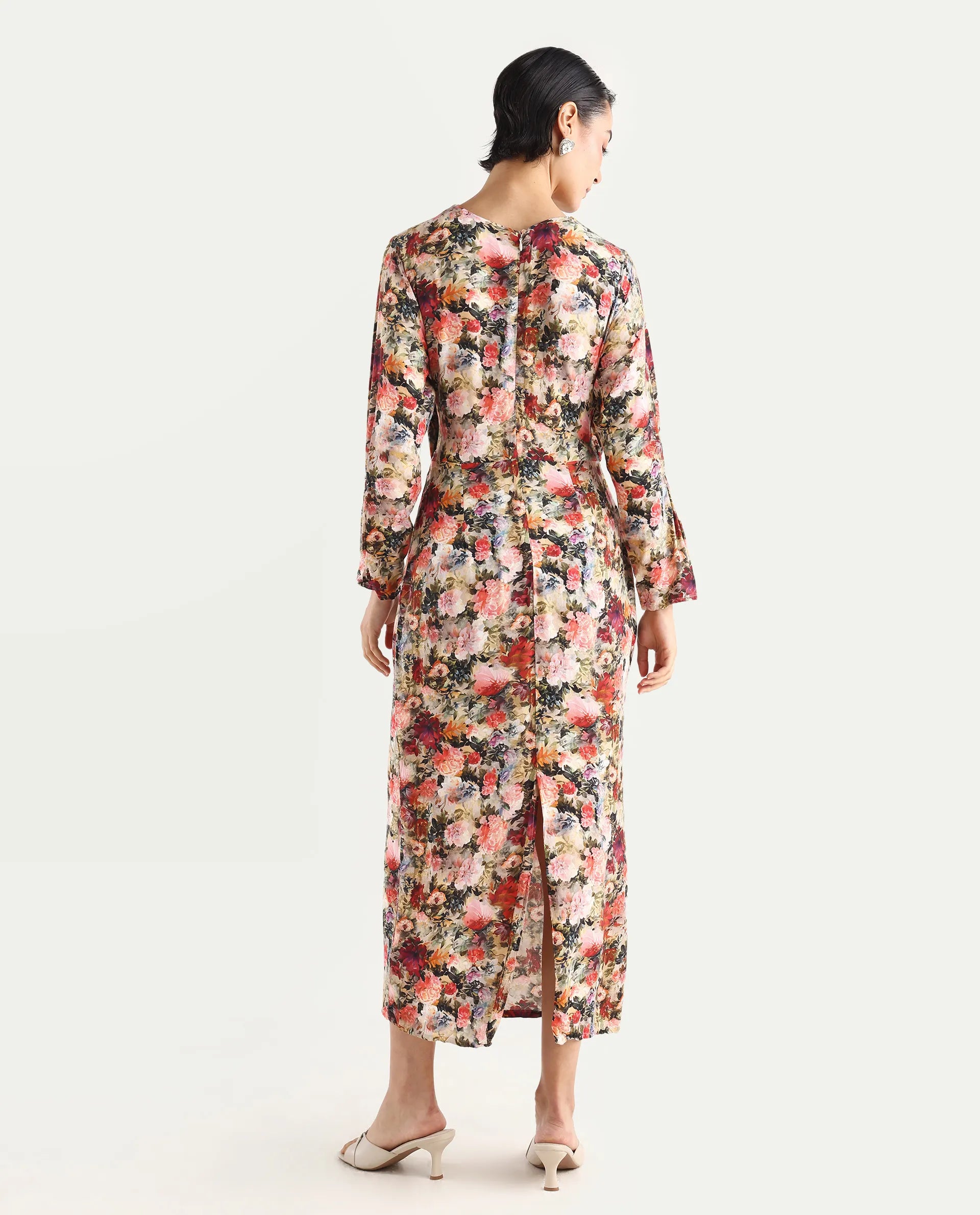 Rareism Women's Winza Dark Red Viscose Blend Cowl Neck Floral Print Midi Straight Fit Dress