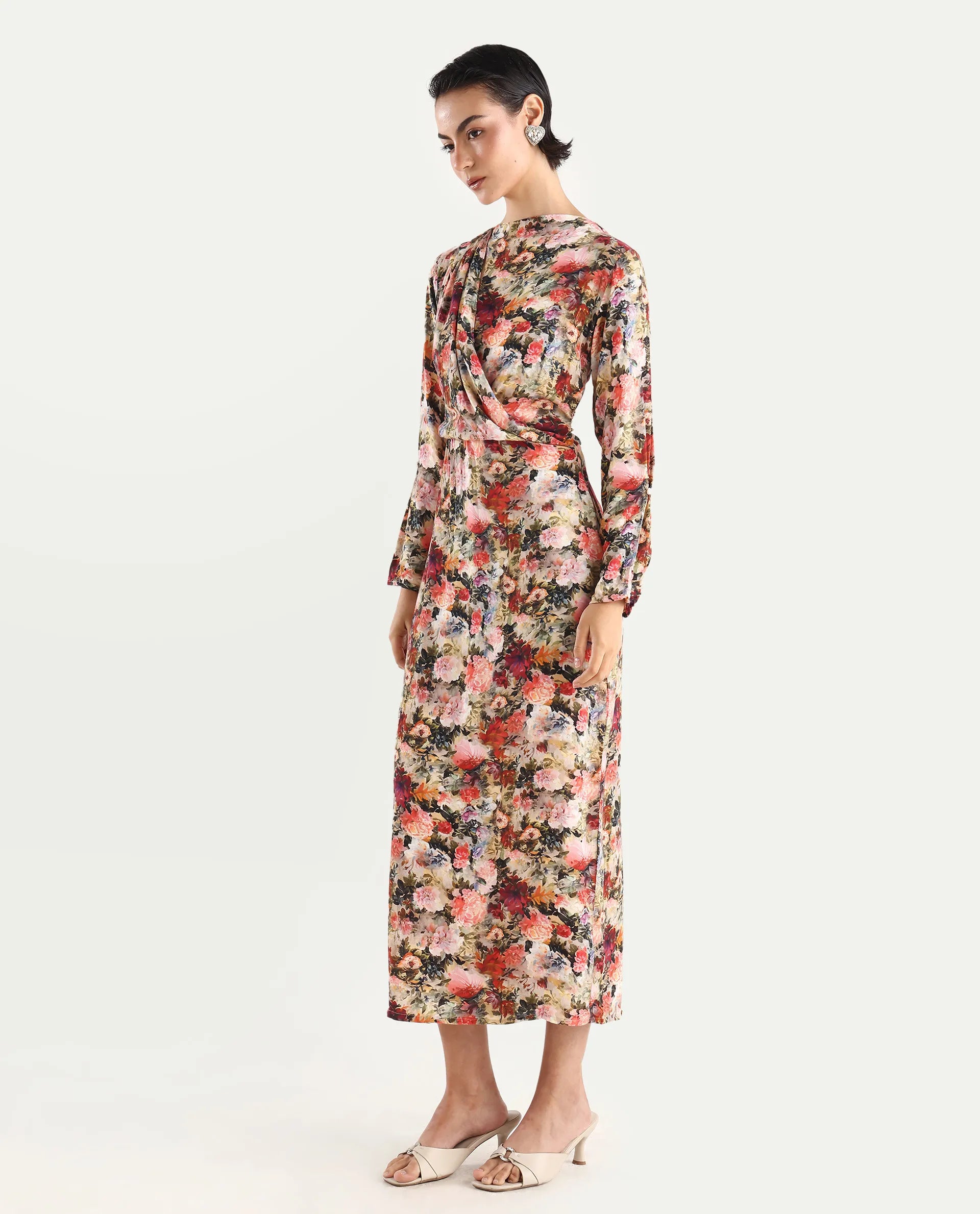 Rareism Women's Winza Dark Red Viscose Blend Cowl Neck Floral Print Midi Straight Fit Dress