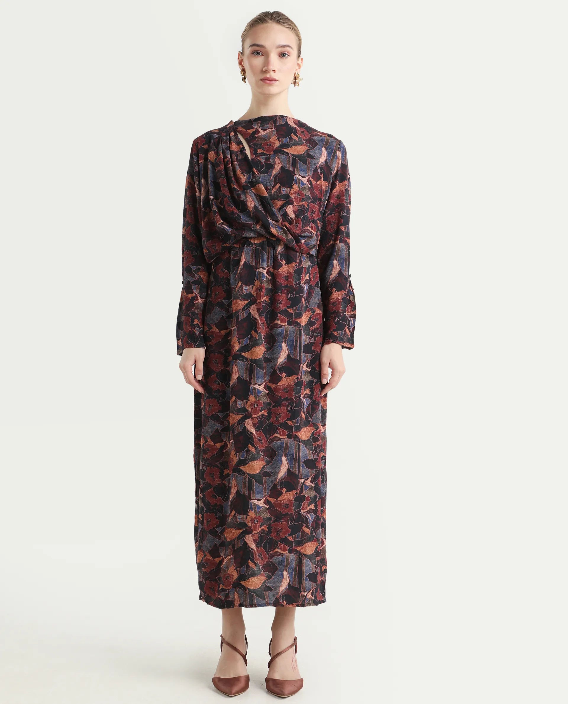 Rareism Women's Winzop Multi Viscose Blend Cowl Neck Floral Print Midi Straight Fit Dress
