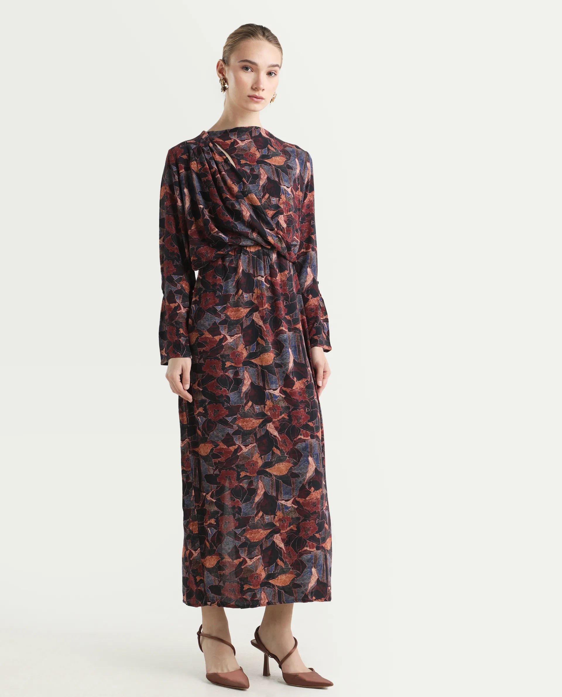 Rareism Women's Winzop Multi Viscose Blend Cowl Neck Floral Print Midi Straight Fit Dress