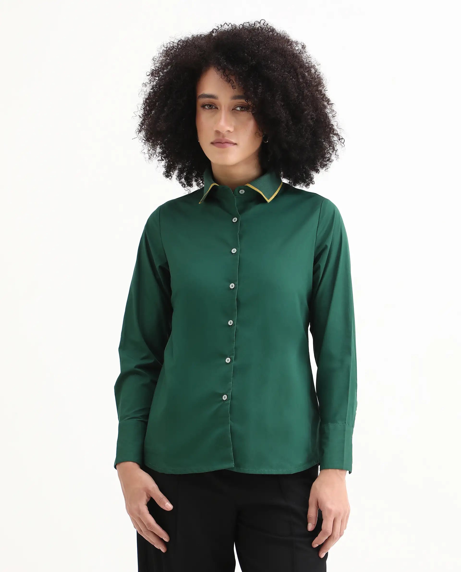 Rareism Women's Wonton Dark Green Cotton Ribbed Collar Plain Cuffed Sleeve Regular Fit Top