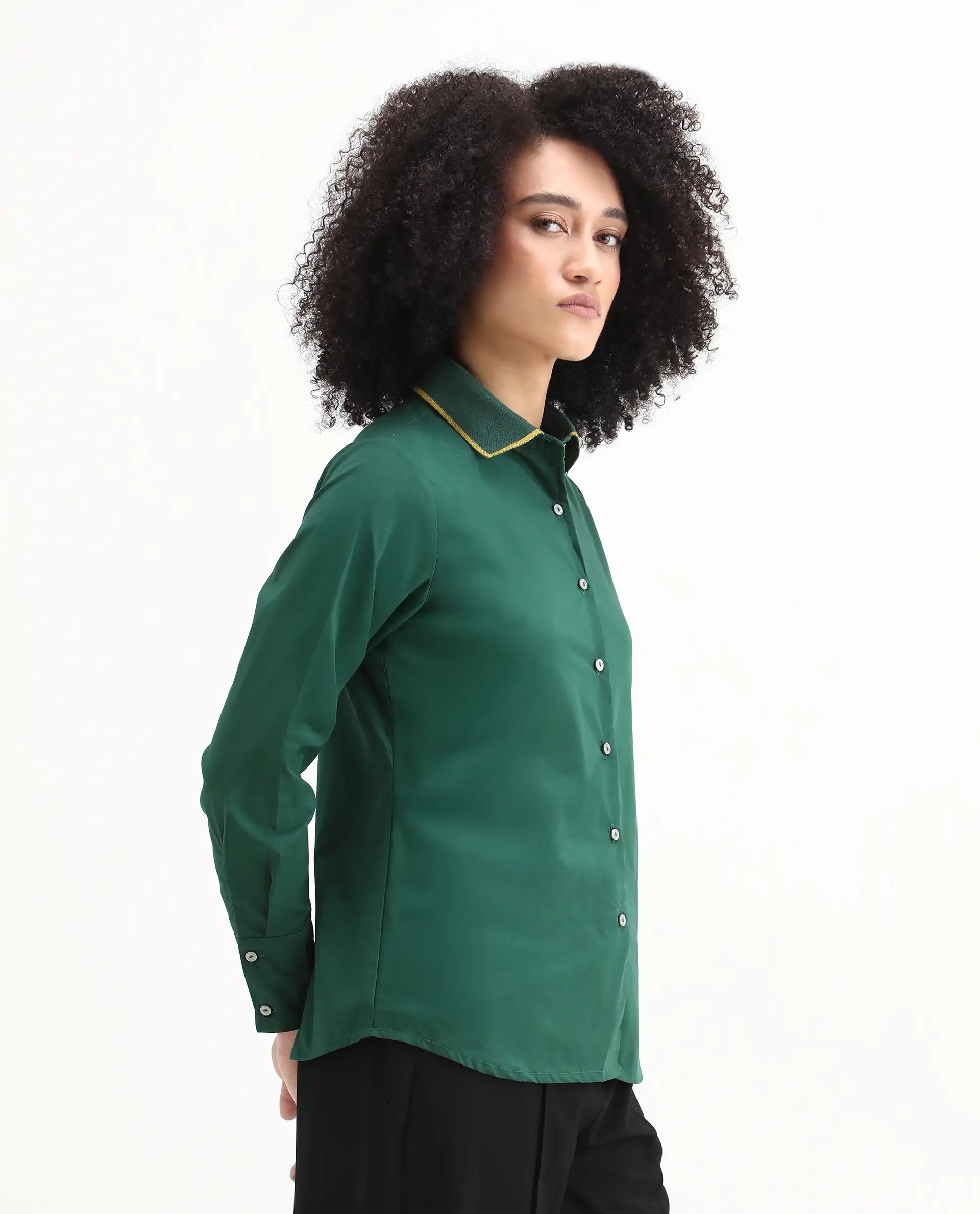 Rareism Women's Wonton Dark Green Cotton Ribbed Collar Plain Cuffed Sleeve Regular Fit Top