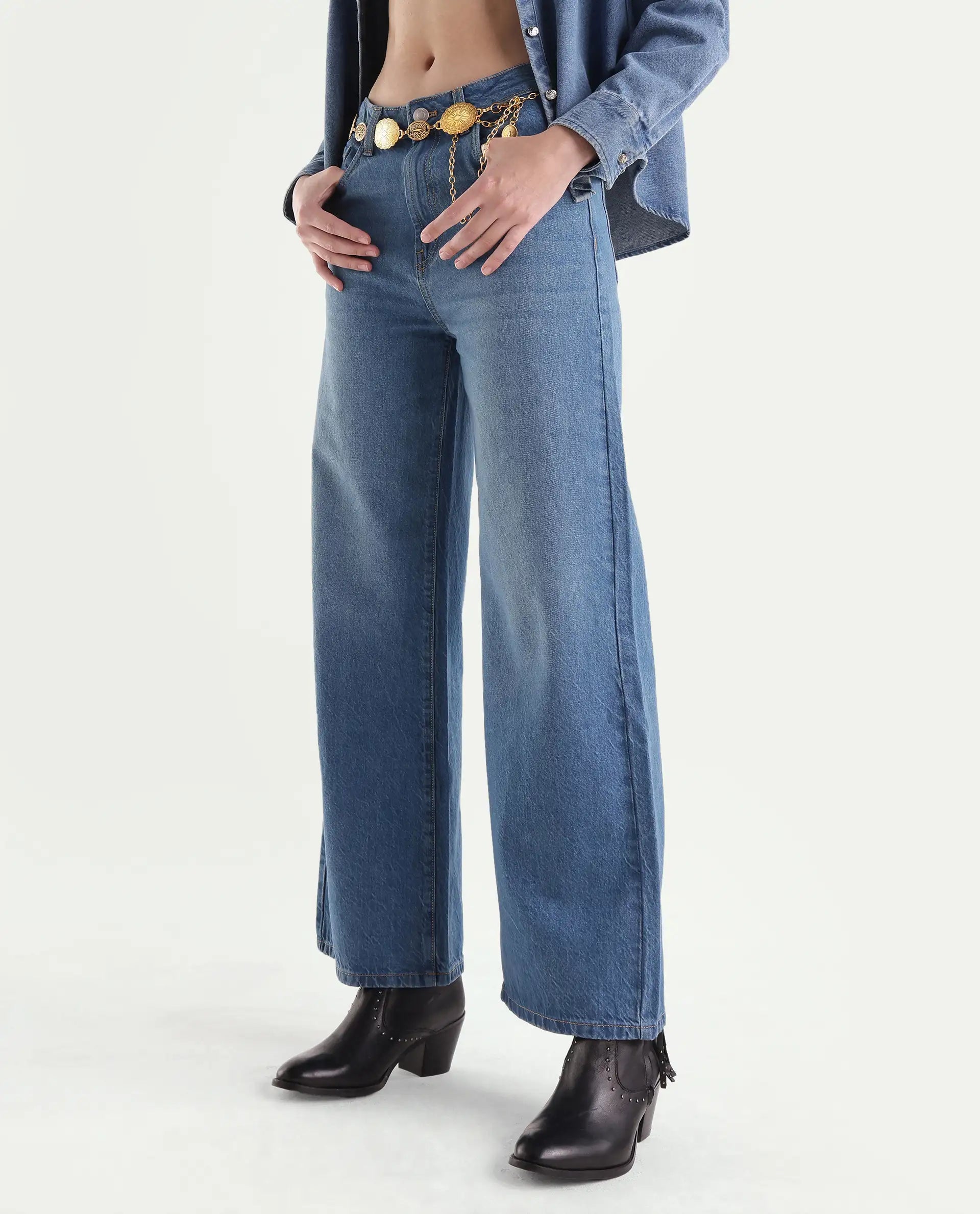 Rareism Womens Wyde-1 Light Blue Cotton Sculpt High Wide Plain Jeans