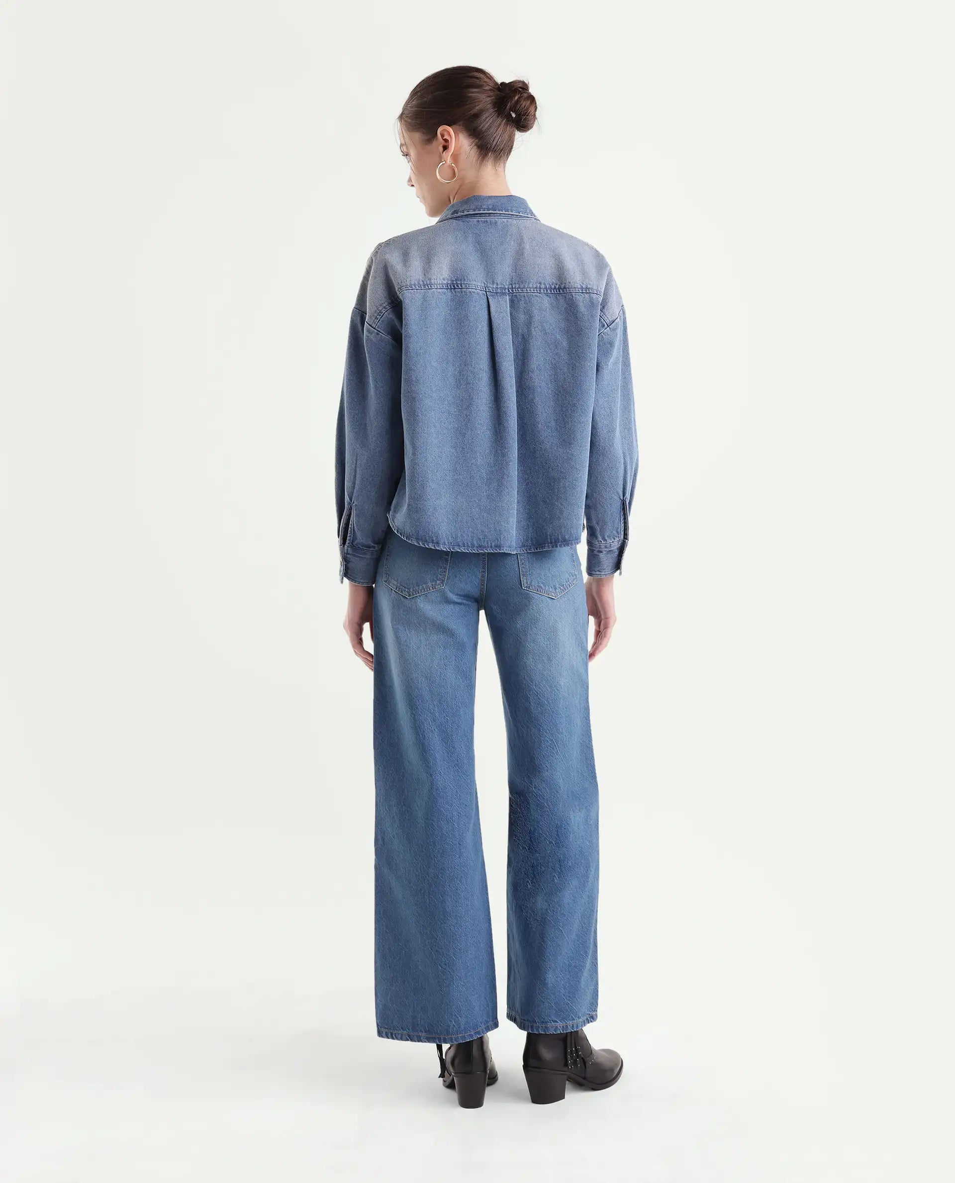 Rareism Womens Wyde-1 Light Blue Cotton Sculpt High Wide Plain Jeans