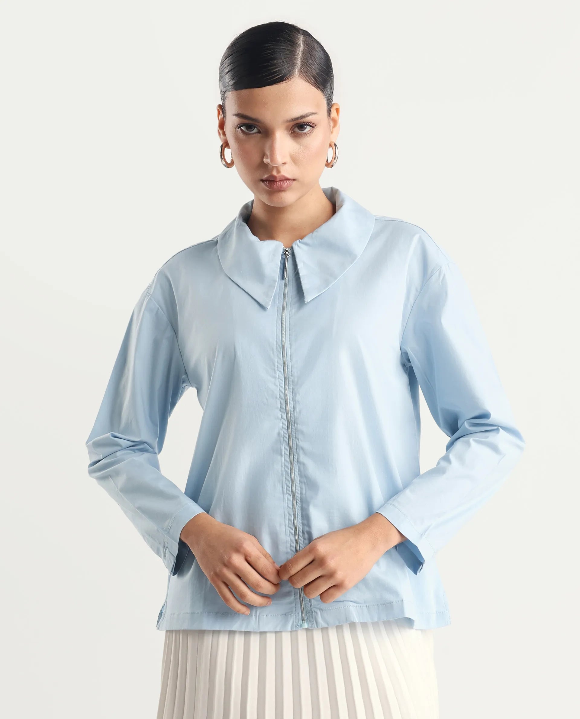 Rareism Women's Xan Light Blue Cotton Spread Collar Plain Regular Fit Top