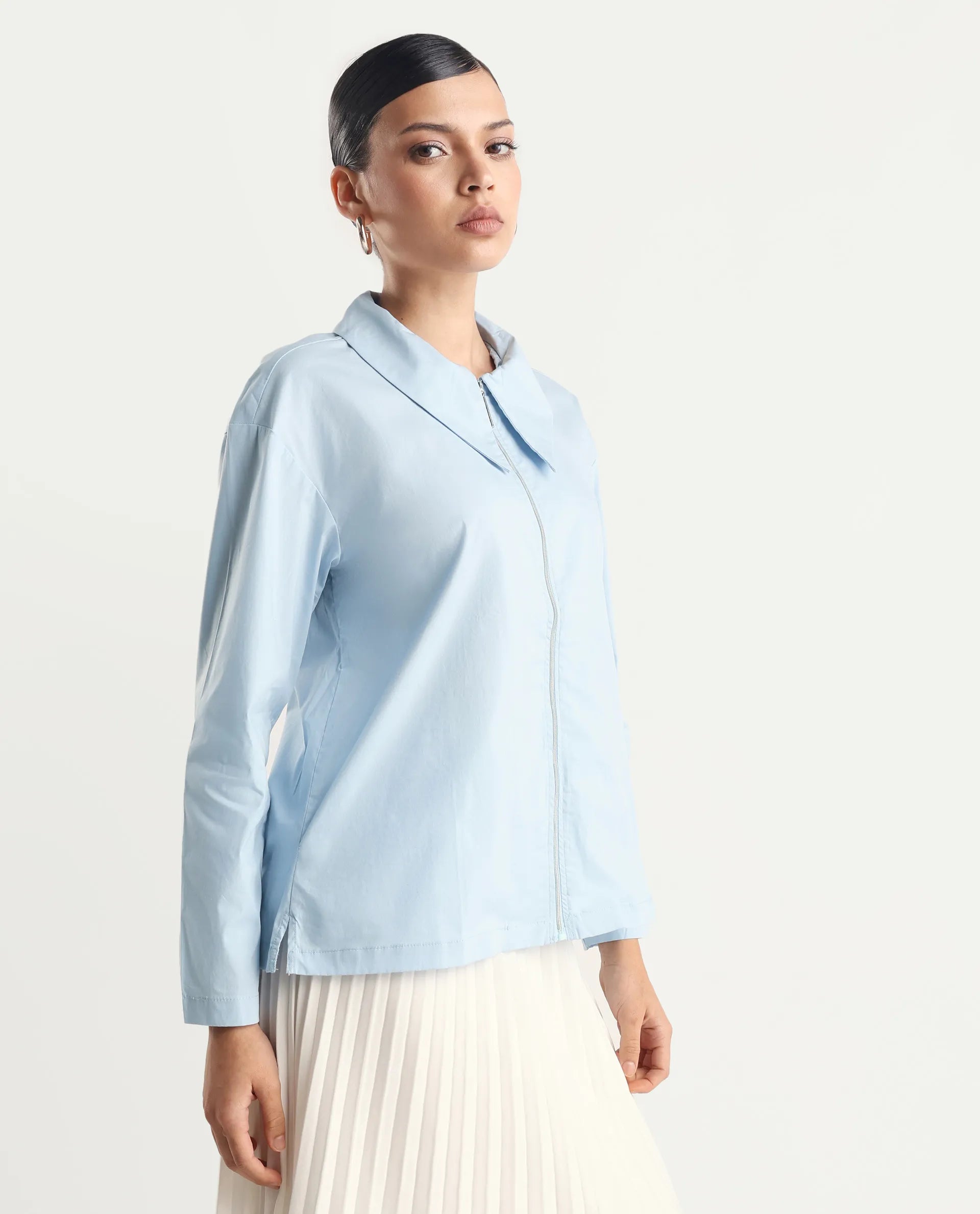 Rareism Women's Xan Light Blue Cotton Spread Collar Plain Regular Fit Top