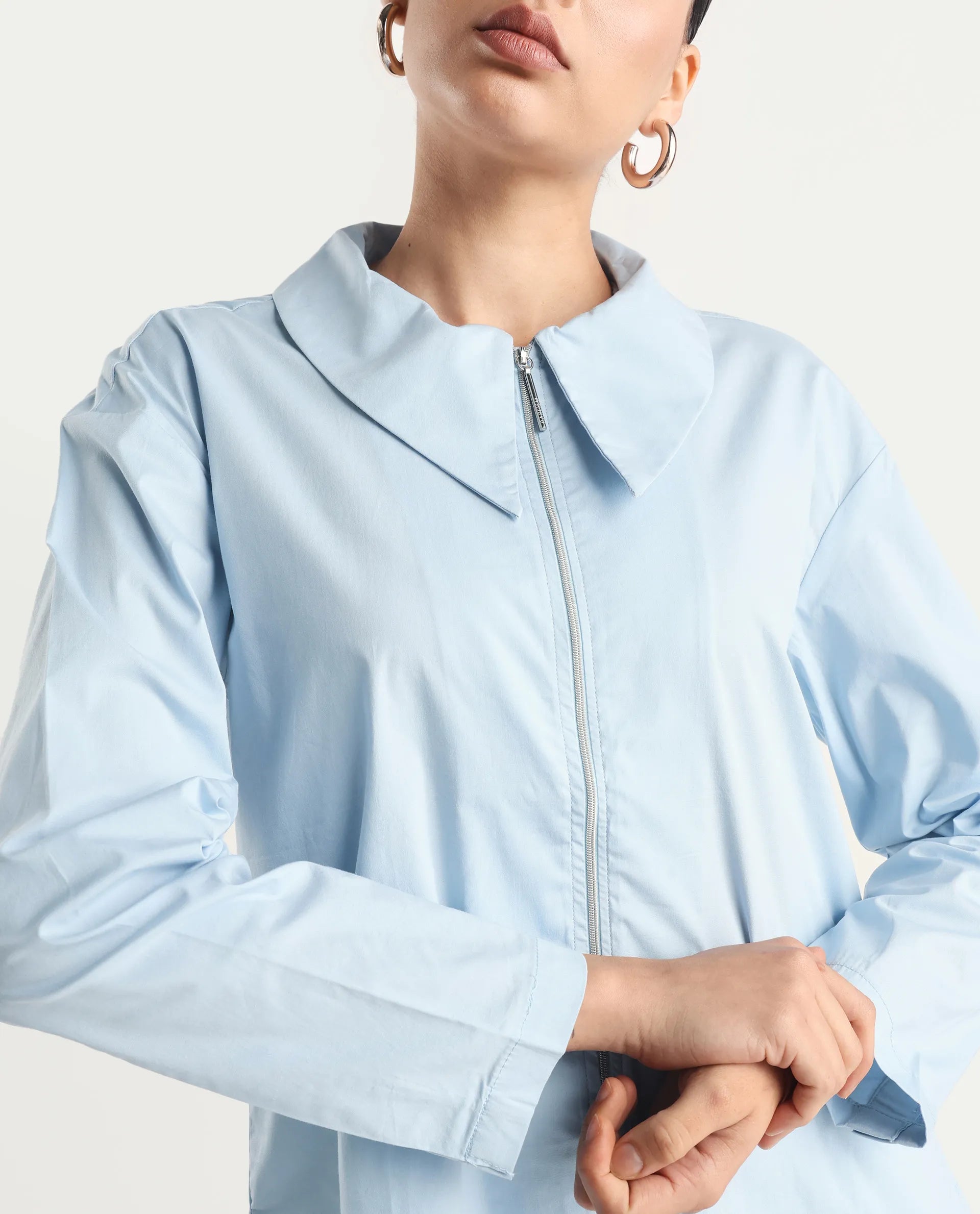 Rareism Women's Xan Light Blue Cotton Spread Collar Plain Regular Fit Top