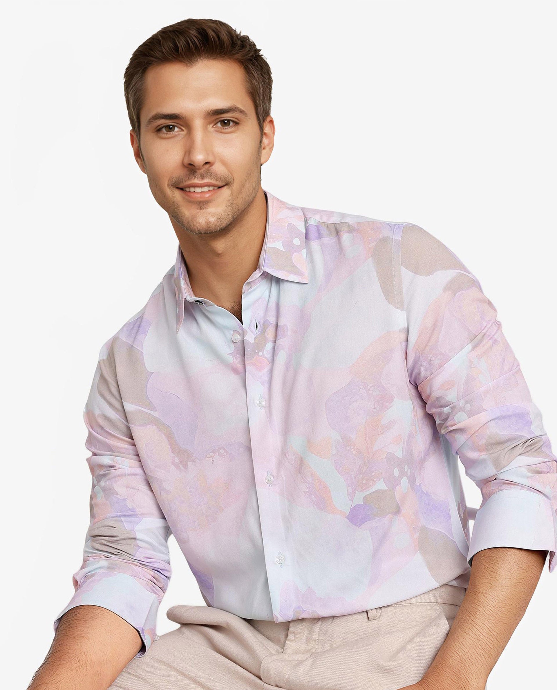 Rare Rabbit Men Xano Pastel Blue Viscose Nylon Fabric Full Sleeve Regular Fit Abstract Print Shirt