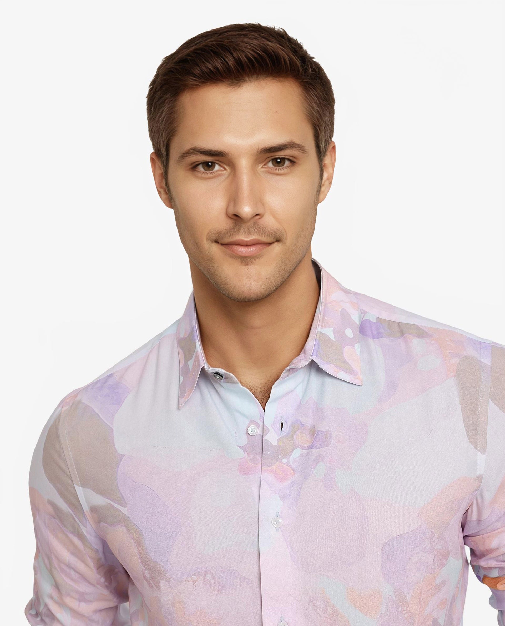 Rare Rabbit Men Xano Pastel Blue Viscose Nylon Fabric Full Sleeve Regular Fit Abstract Print Shirt