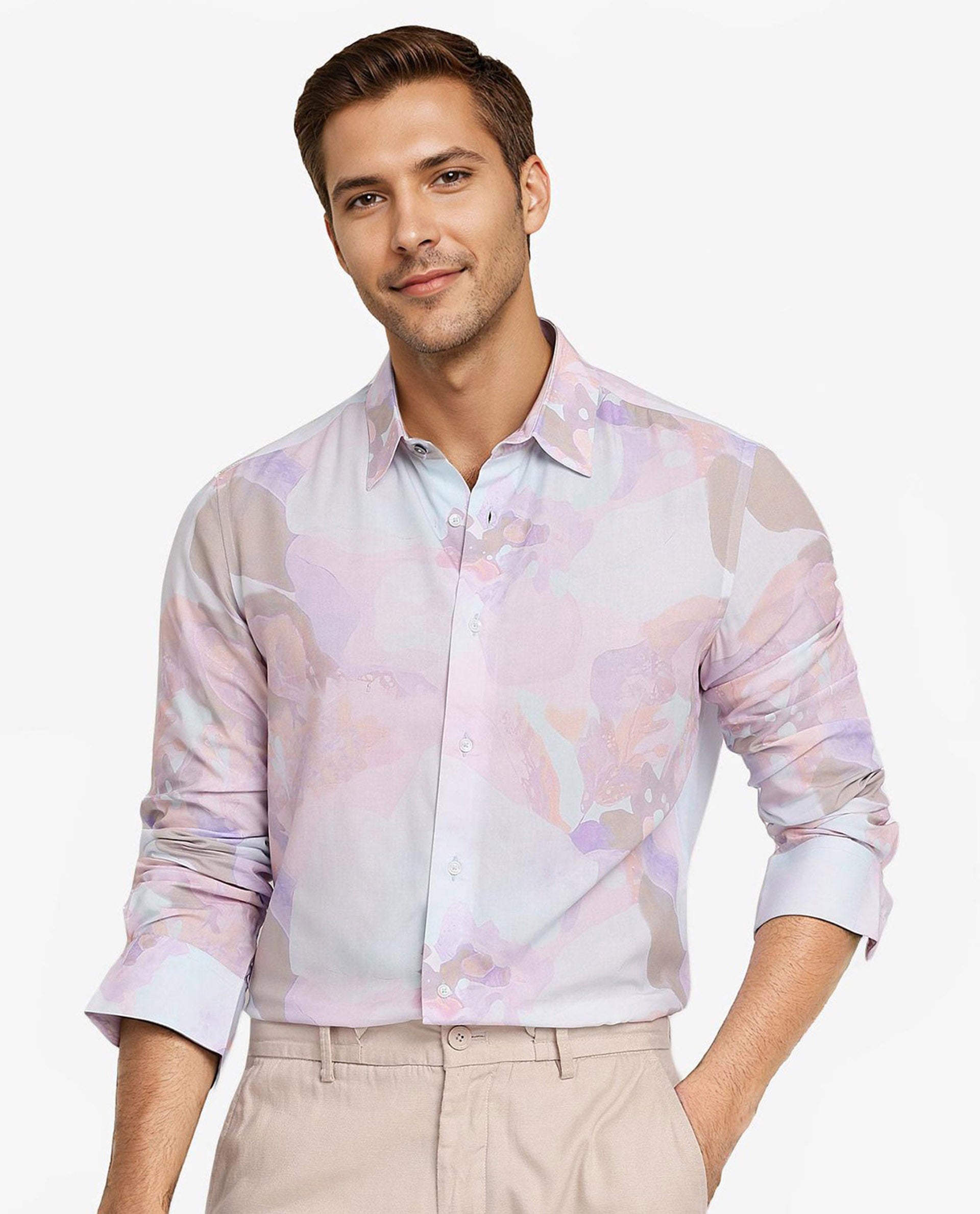 Rare Rabbit Men Xano Pastel Blue Viscose Nylon Fabric Full Sleeve Regular Fit Abstract Print Shirt