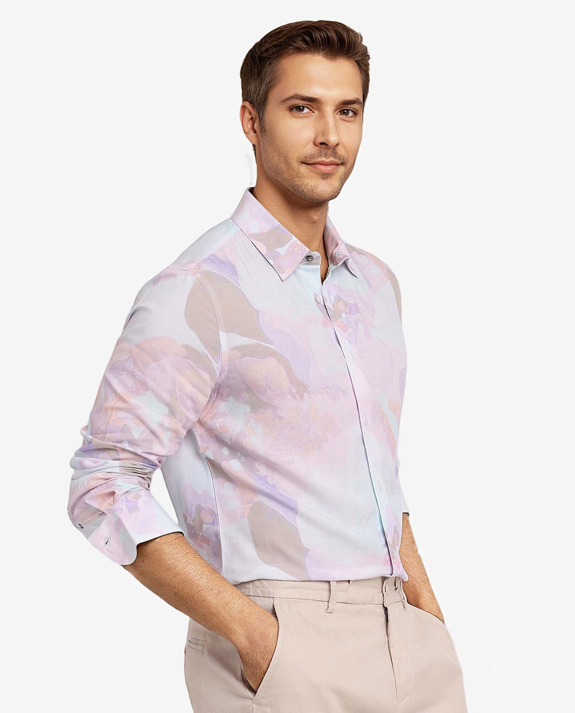 Rare Rabbit Men Xano Pastel Blue Viscose Nylon Fabric Full Sleeve Regular Fit Abstract Print Shirt