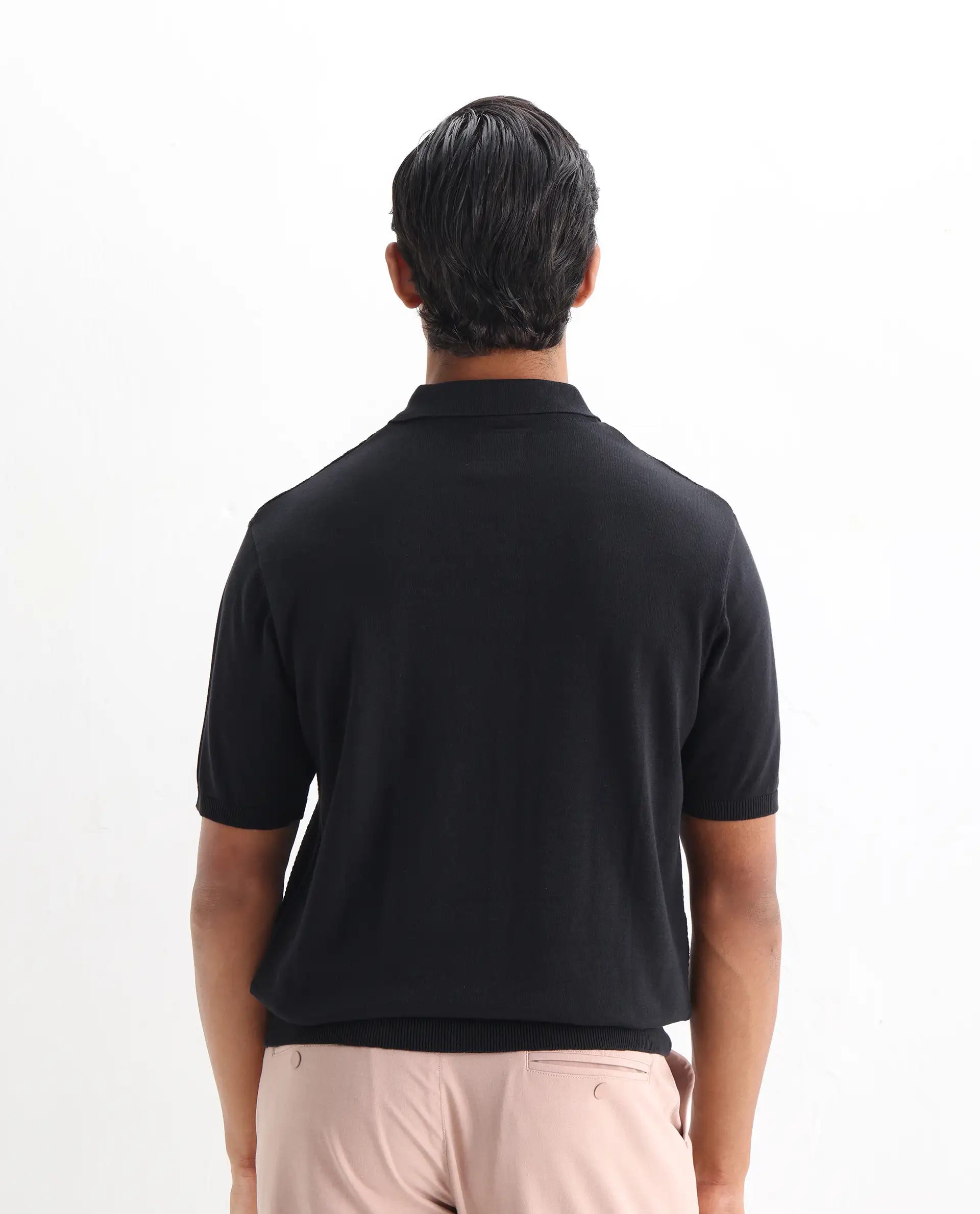 Rare Rabbit Men's Xas Black Cotton Textured Regular Fit Half Sleeve Polo