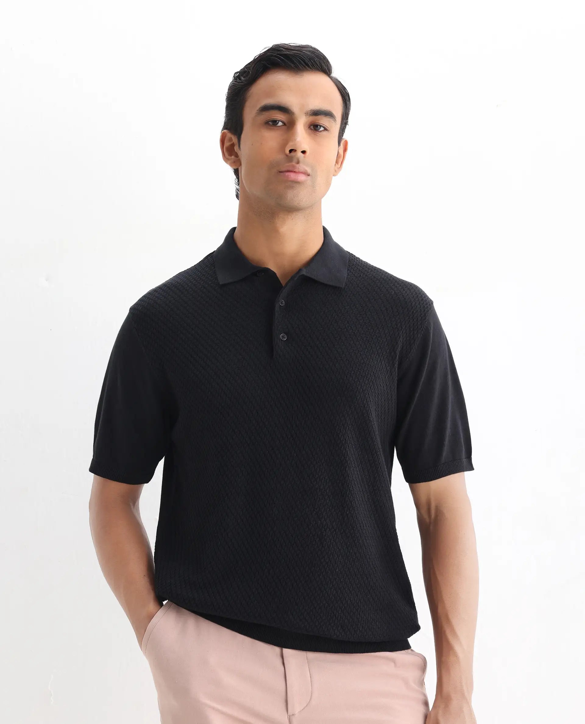 Rare Rabbit Men's Xas Black Cotton Textured Regular Fit Half Sleeve Polo