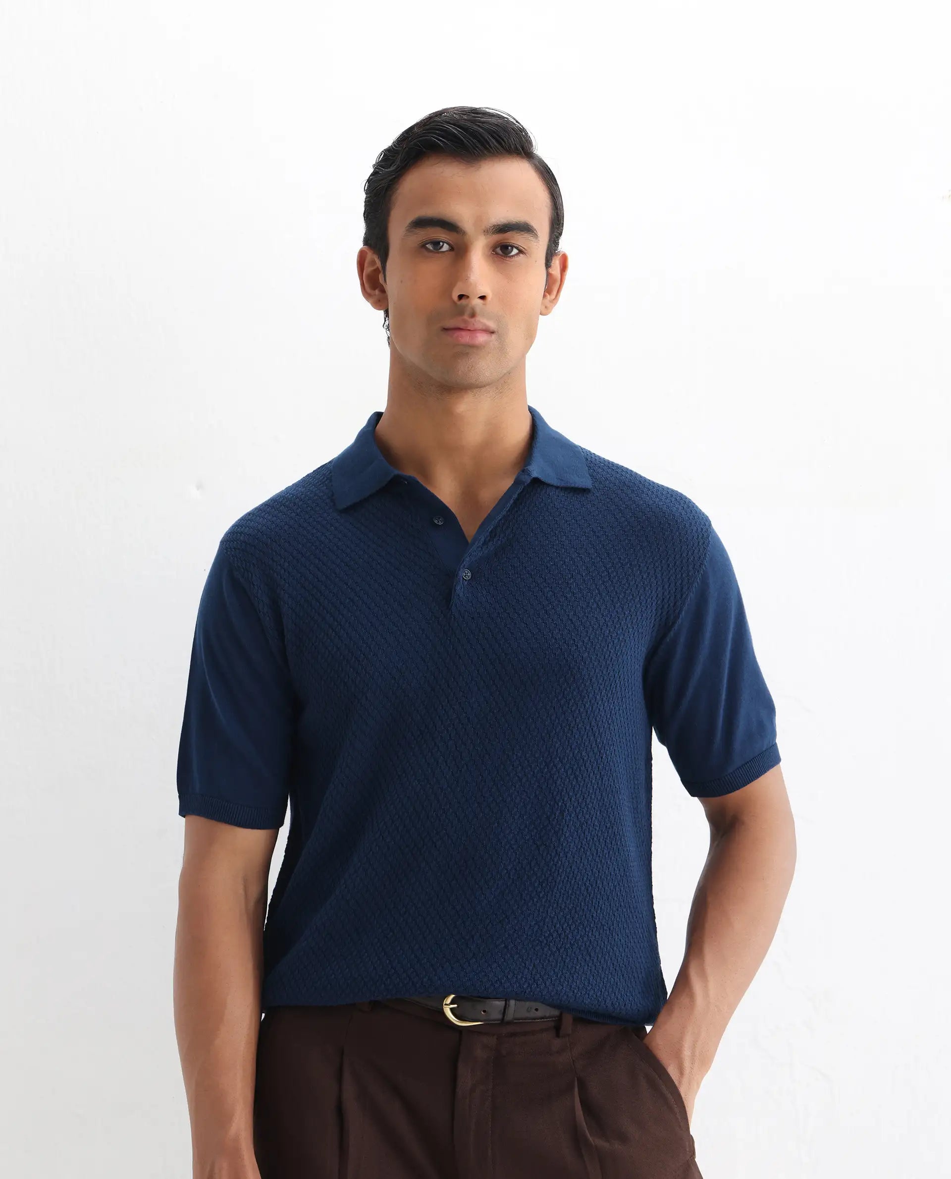 Rare Rabbit Men's Xas Blue Cotton Textured Regular Fit Half Sleeve Polo
