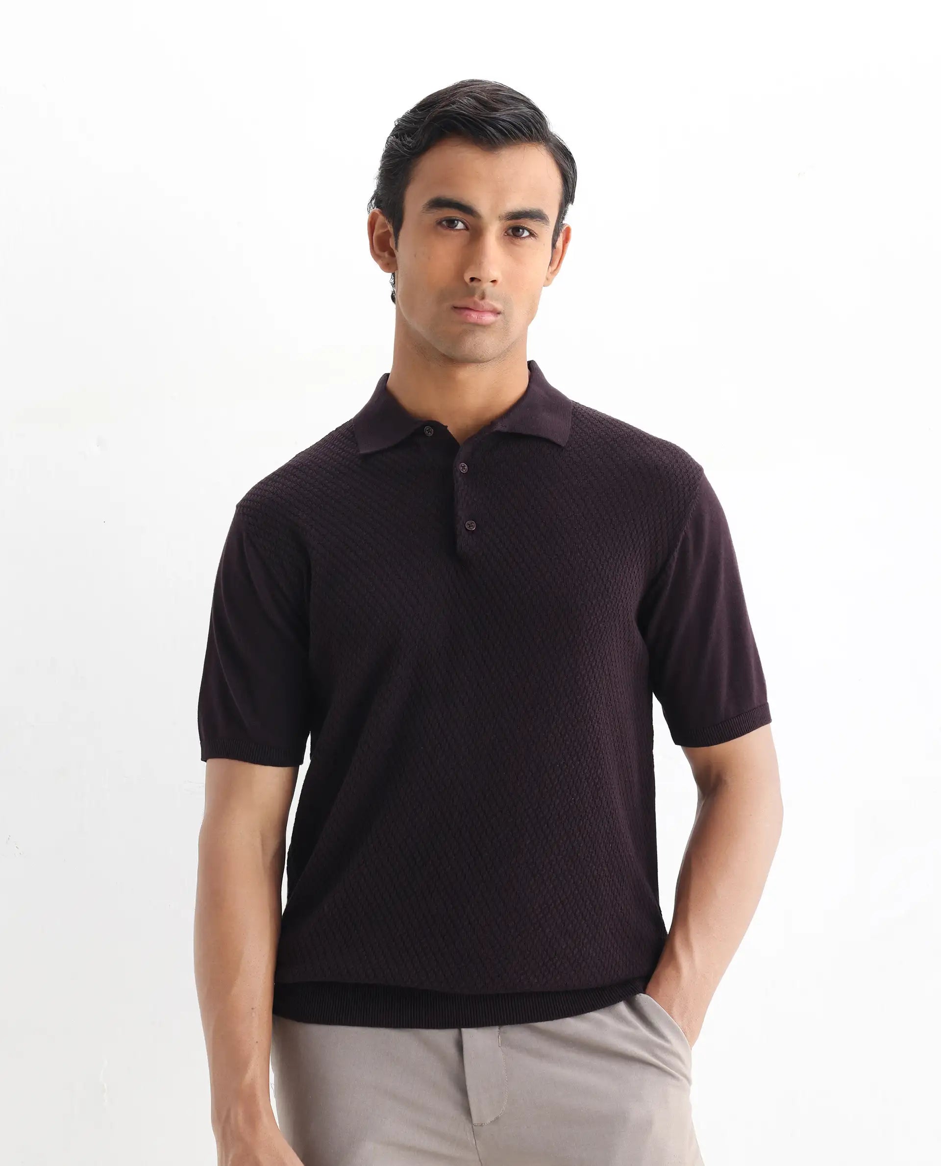 Rare Rabbit Men's Xas Dark Brown Cotton Plain Regular Fit Half Sleeve Polo