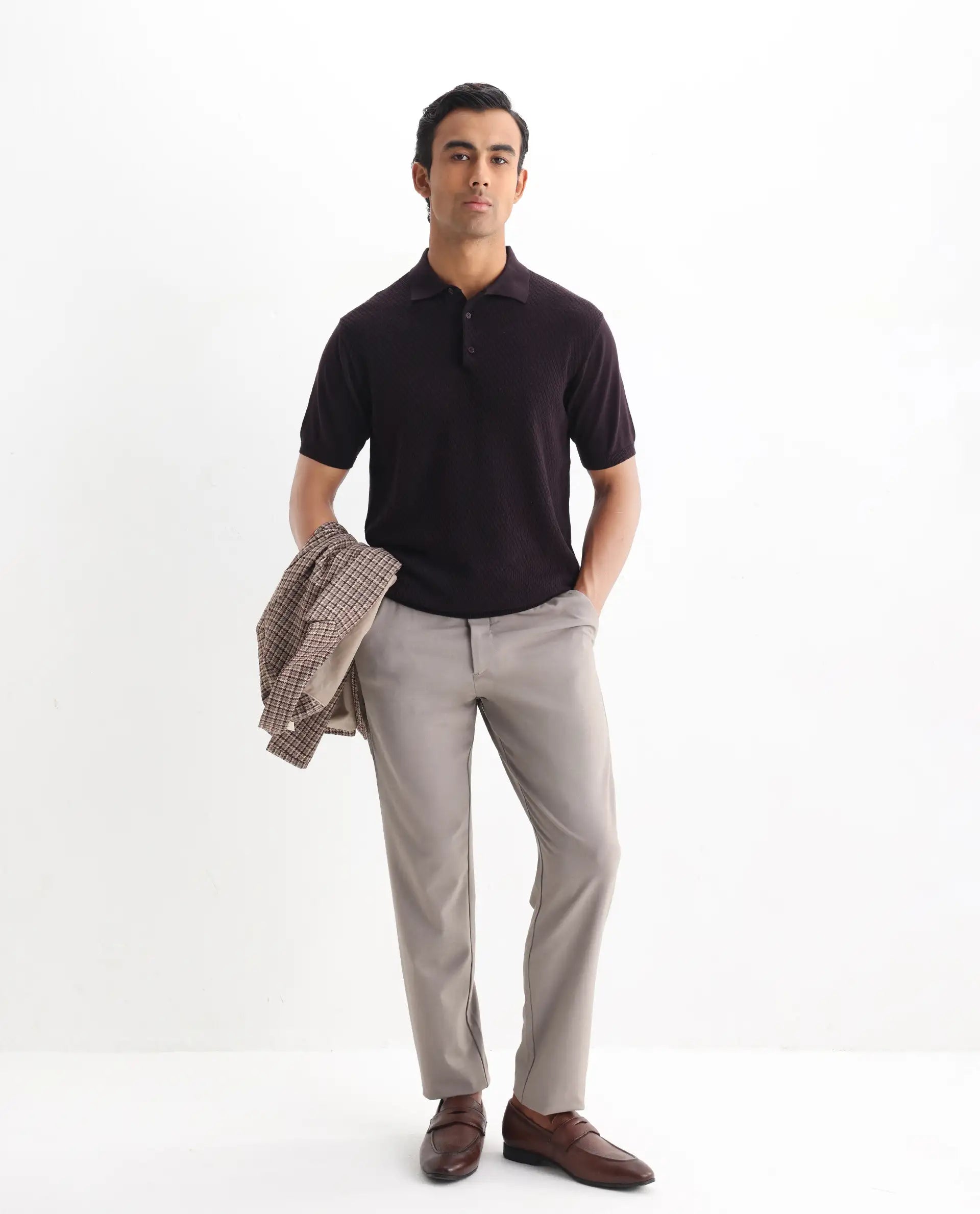 Rare Rabbit Men's Xas Dark Brown Cotton Plain Regular Fit Half Sleeve Polo