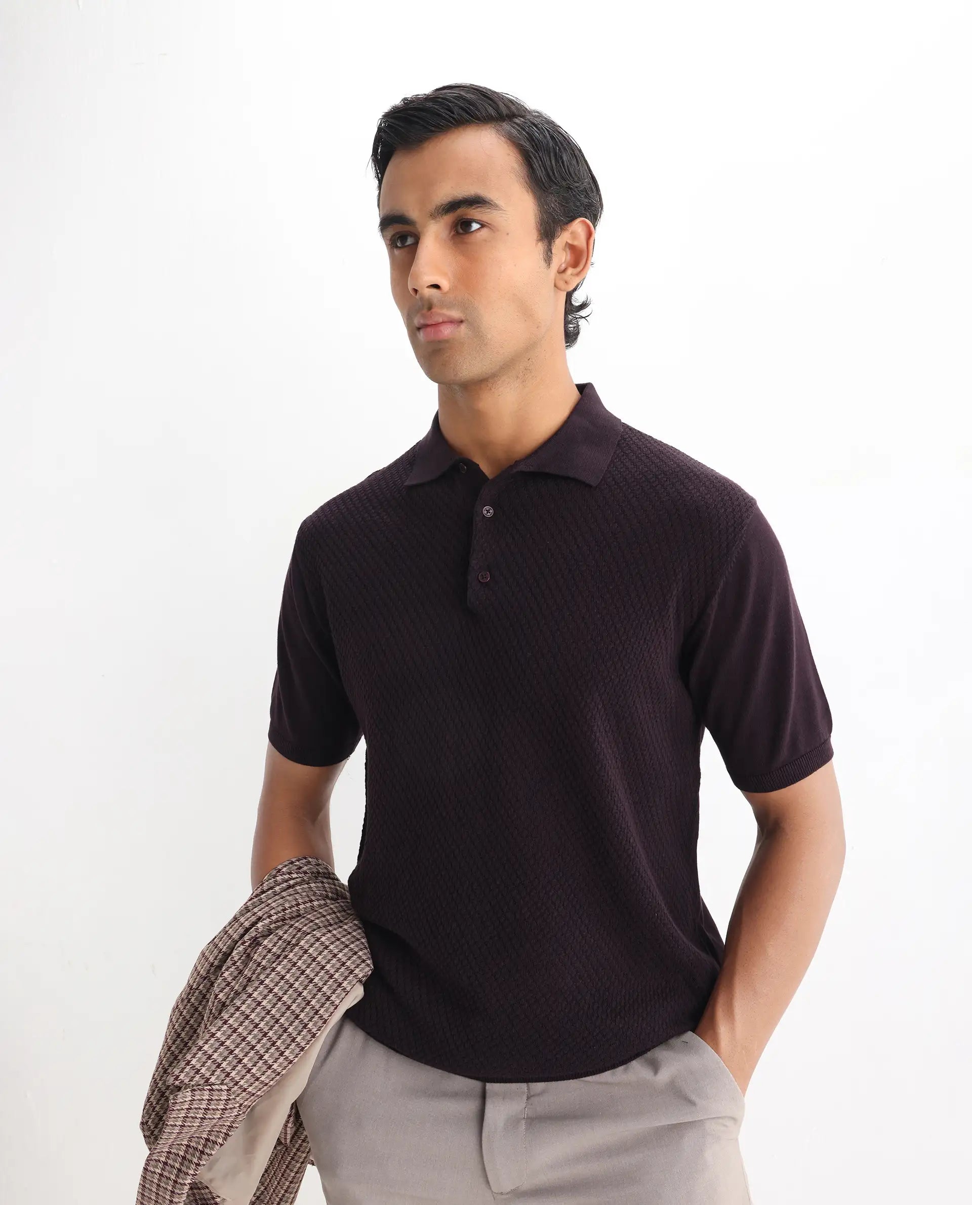 Rare Rabbit Men's Xas Dark Brown Cotton Plain Regular Fit Half Sleeve Polo