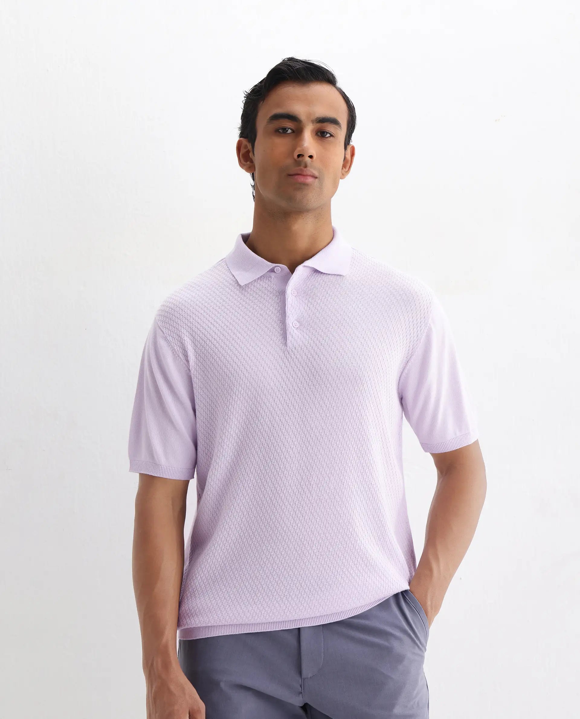 Rare Rabbit Men's Xas Pastel Purple Cotton Textured Regular Fit Half Sleeve Polo