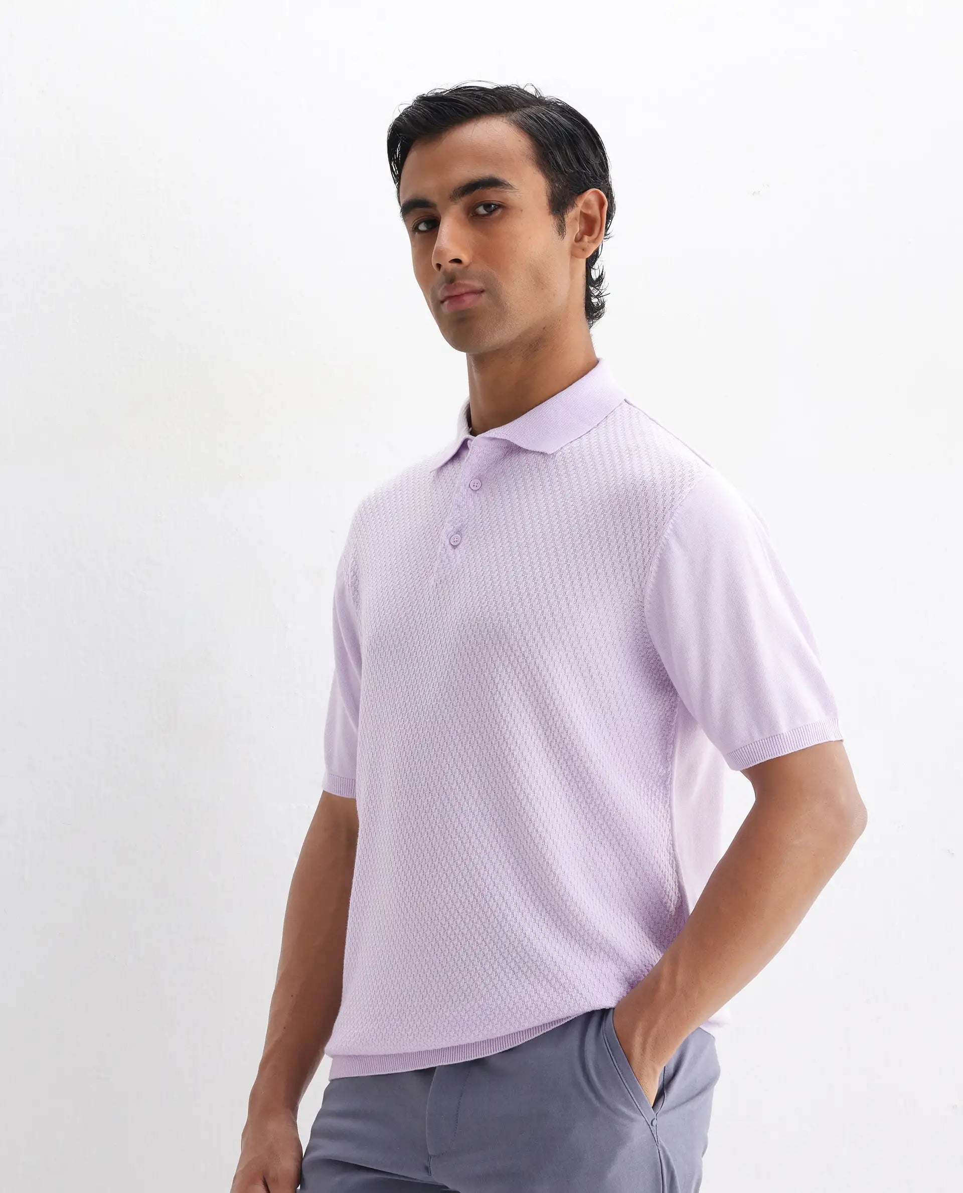 Rare Rabbit Men's Xas Pastel Purple Cotton Textured Regular Fit Half Sleeve Polo