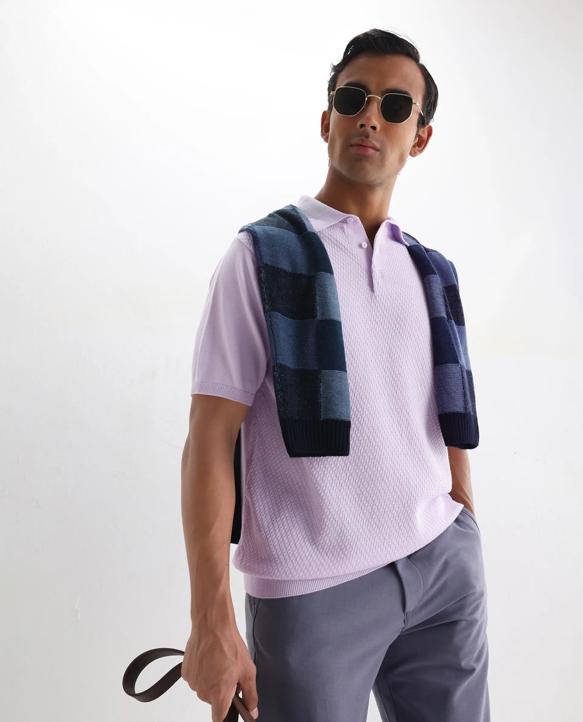 Rare Rabbit Men's Xas Pastel Purple Cotton Textured Regular Fit Half Sleeve Polo