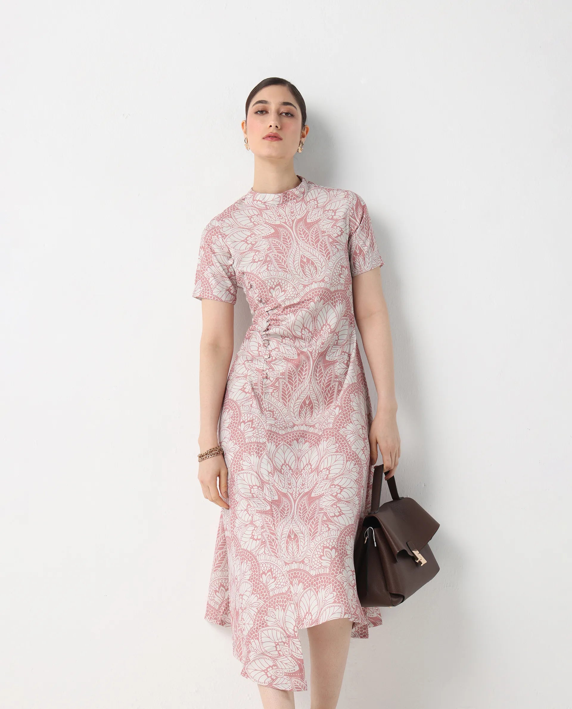 Rareism Women's Xem Multi Satin High Neck Paisley Print Midi Straight Fit Dress