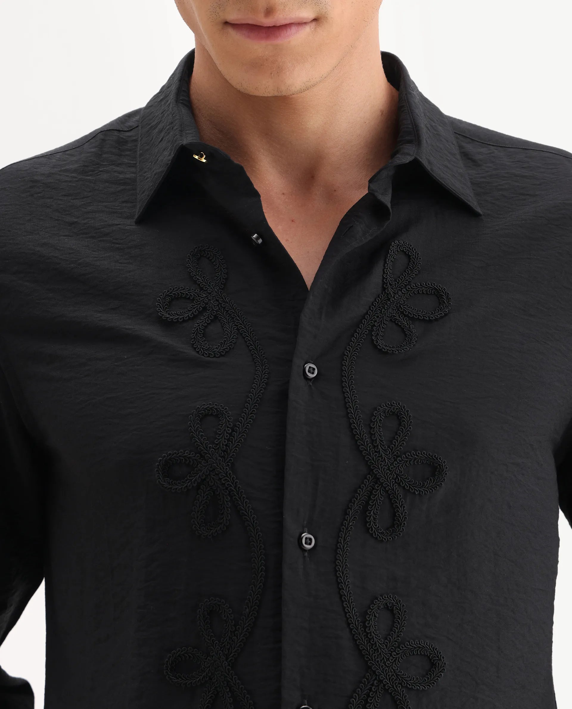Rare Rabbit Men's Xeron Black Viscose Blend Fabric Collared Neck Regular Fit Embroidered Shirt
