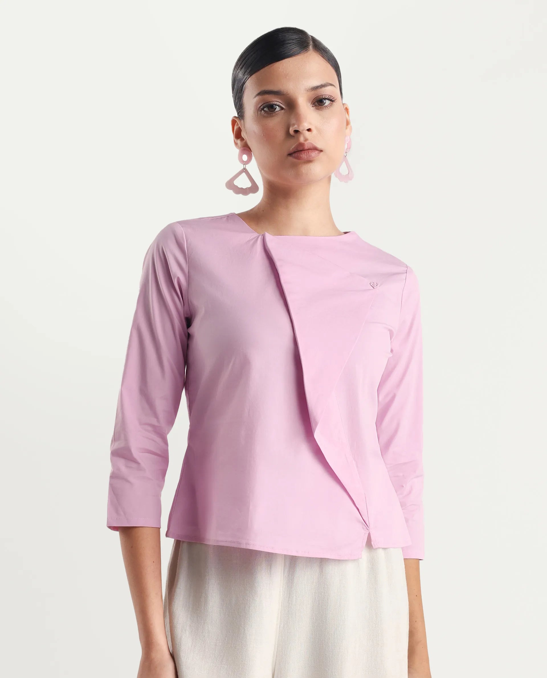 Rareism Women's Xew Light Pink Cotton Blend Asymmetric Neck Plain Regular Fit Top
