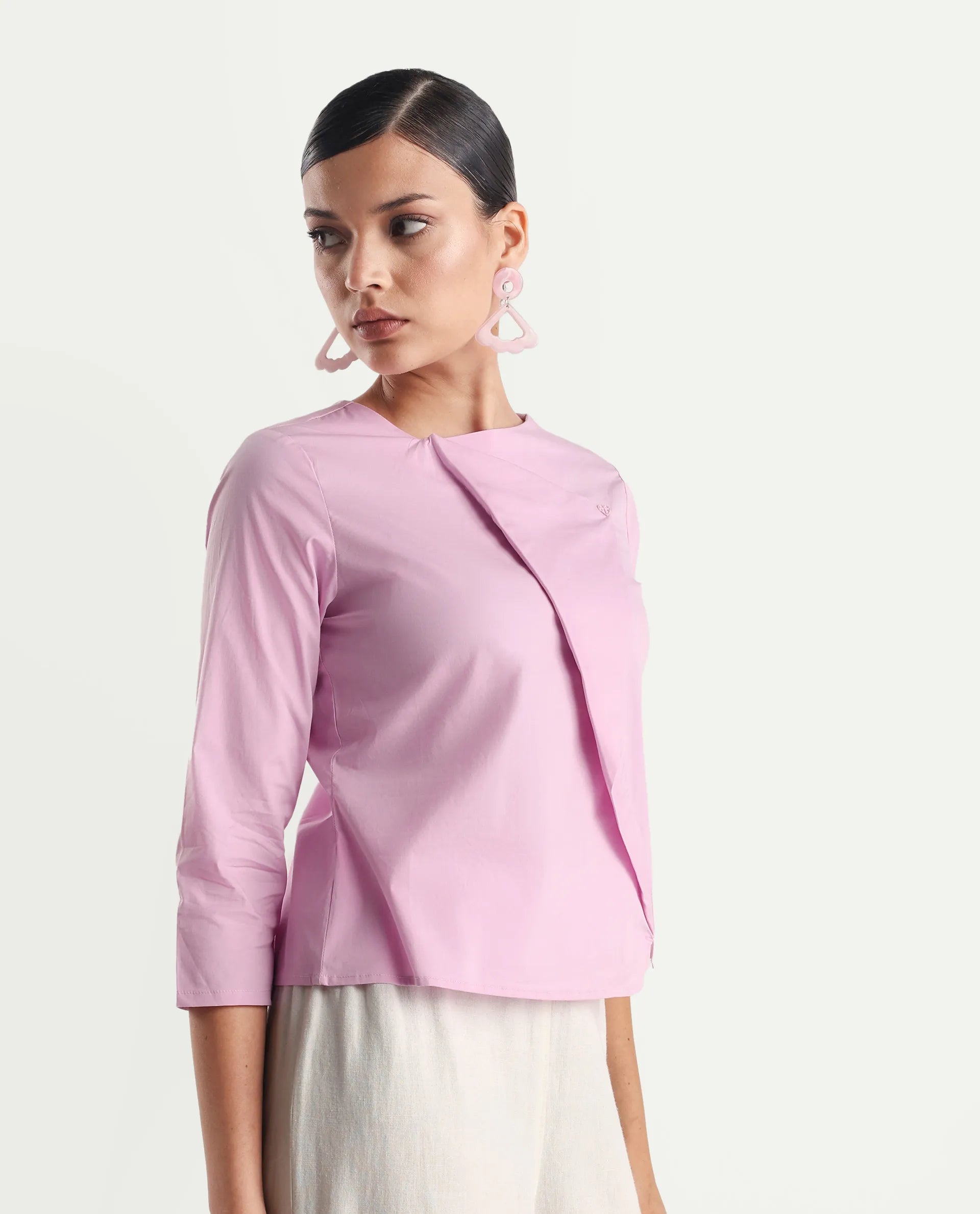 Rareism Women's Xew Light Pink Cotton Blend Asymmetric Neck Plain Regular Fit Top