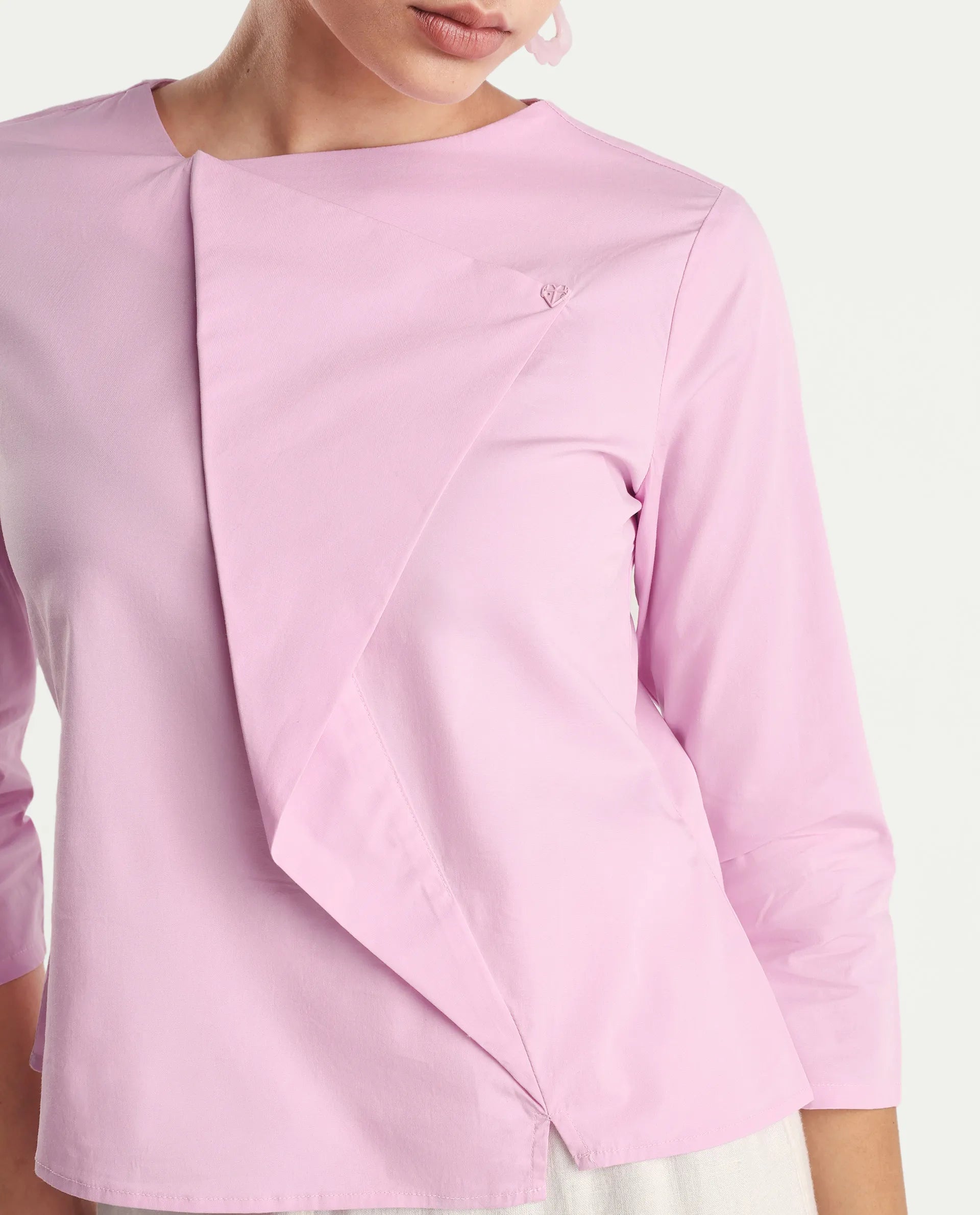 Rareism Women's Xew Light Pink Cotton Blend Asymmetric Neck Plain Regular Fit Top