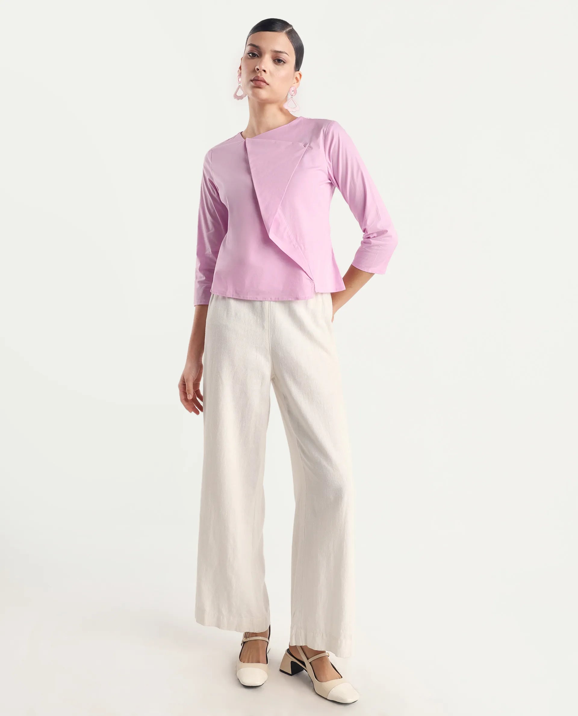 Rareism Women's Xew Light Pink Cotton Blend Asymmetric Neck Plain Regular Fit Top