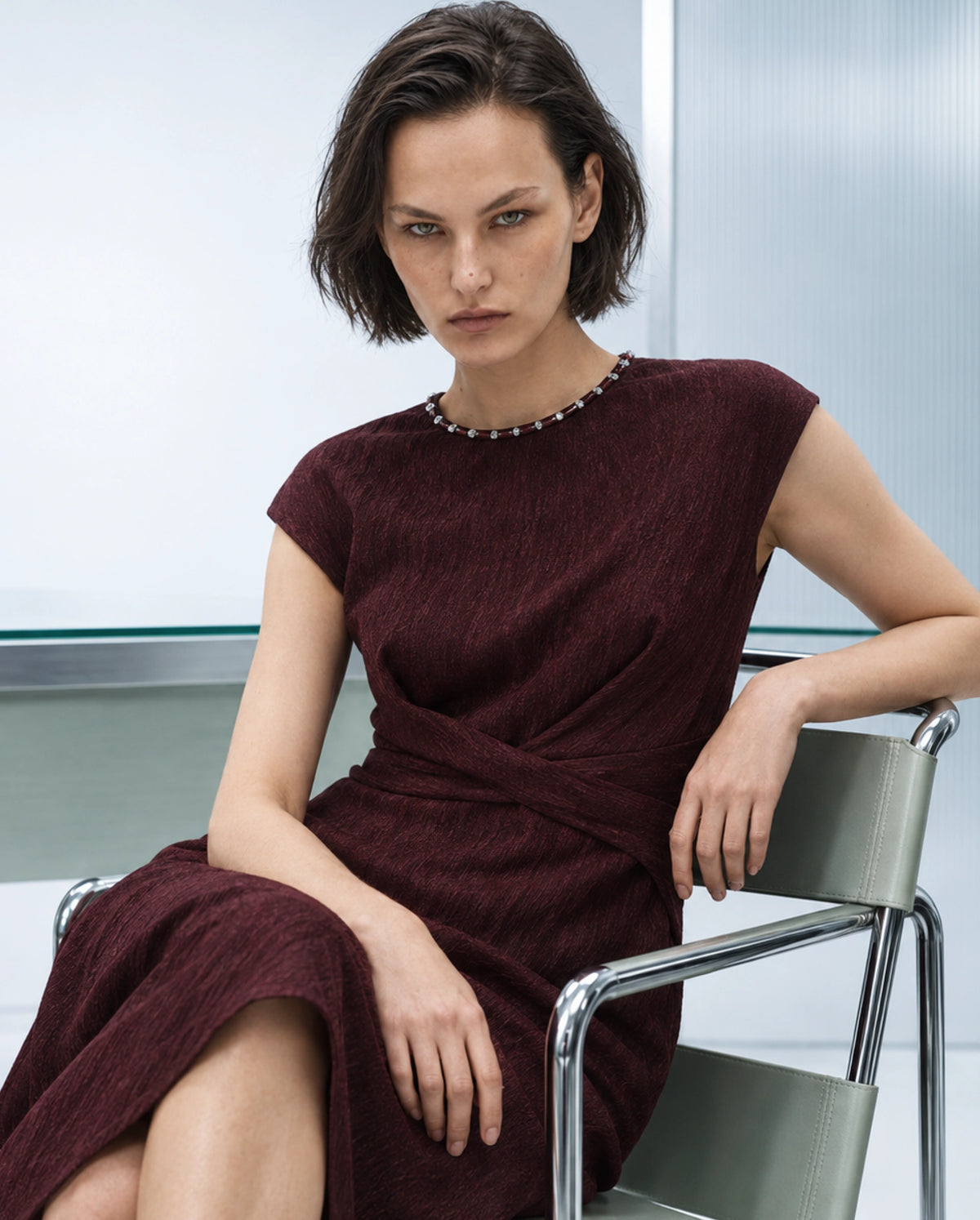 Rareism Women's Xiot Dark Maroon Viscose Blend Crew Neck Fit And Flare Plain Dress