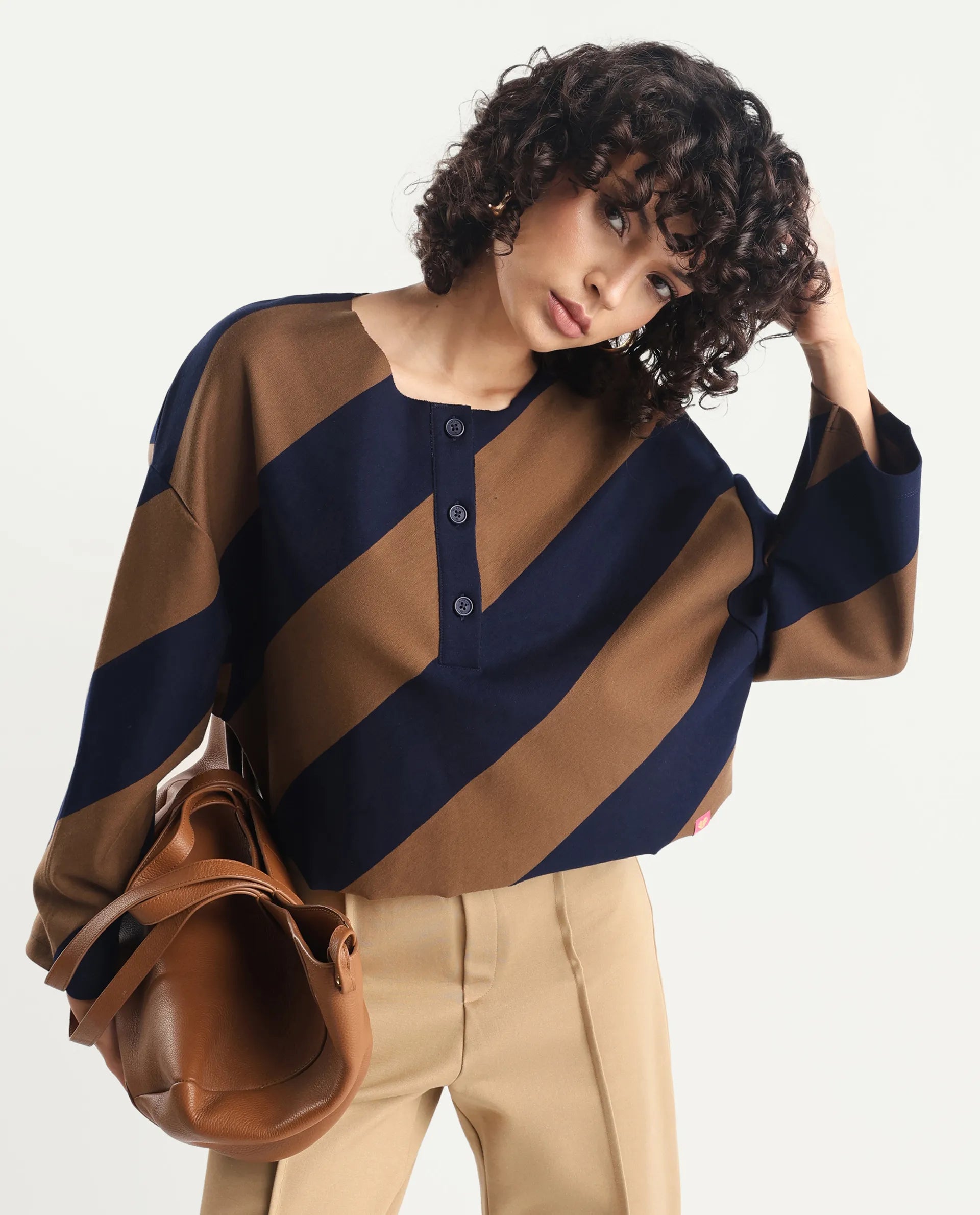 Rareism Women's Yarny Brown Polyester Blend Henley Neck Striped Relaxed Fit Top