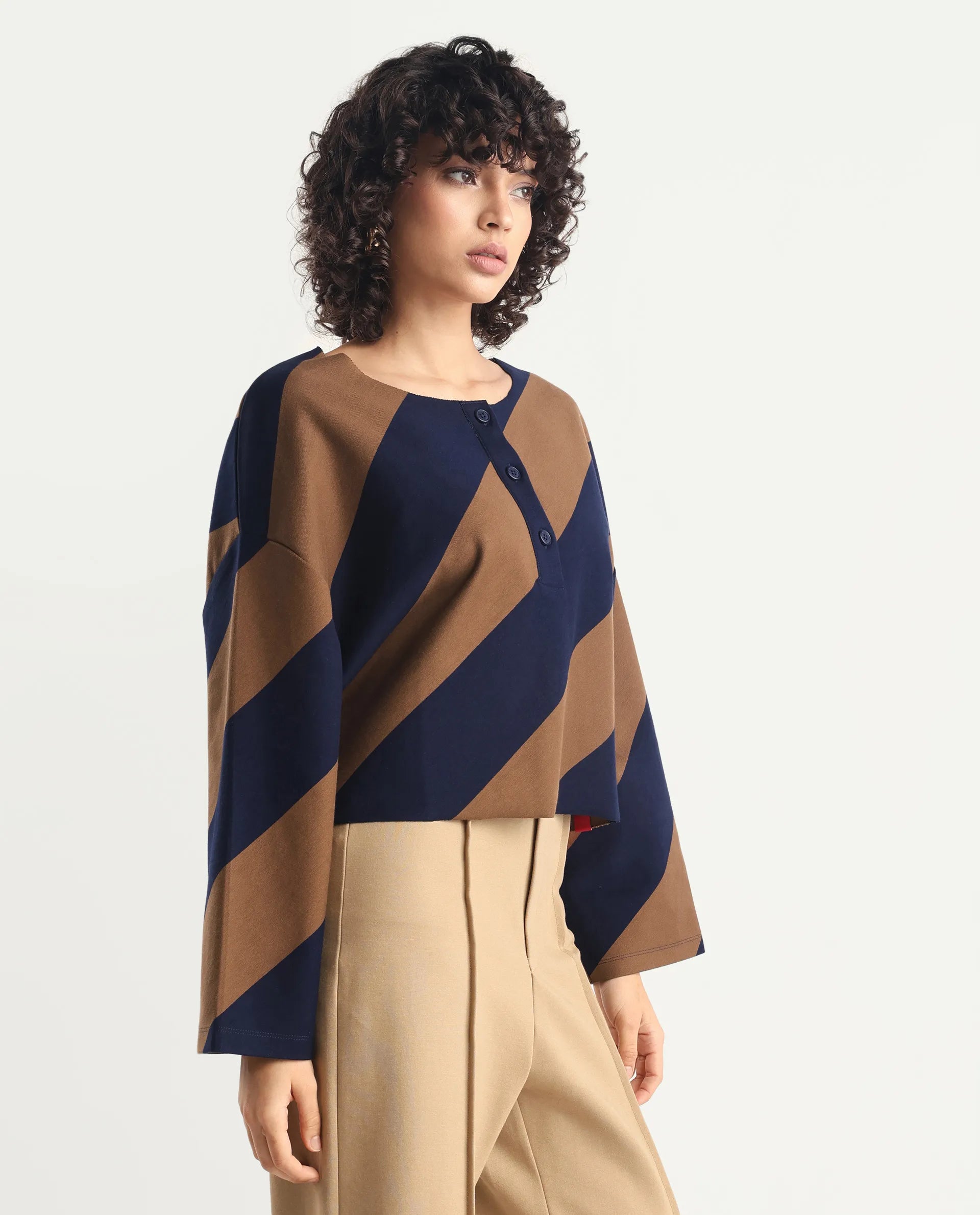 Rareism Women's Yarny Brown Polyester Blend Henley Neck Striped Relaxed Fit Top