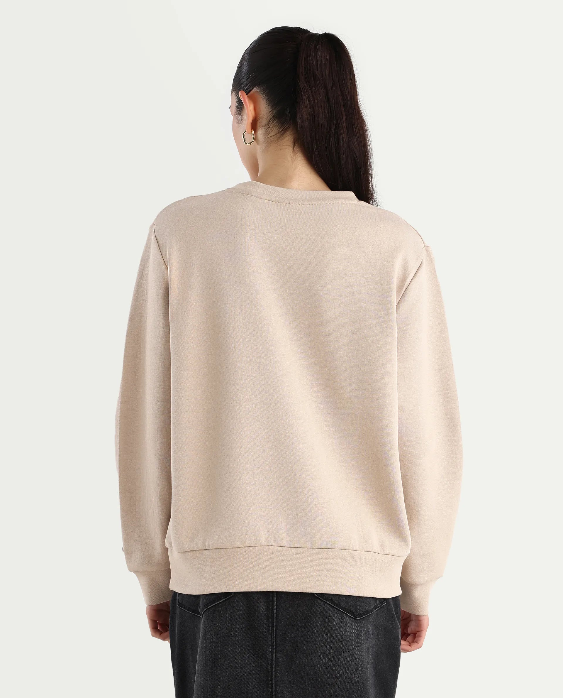 Rareism Women's Yello Beige Cotton Blend Crew Neck Plain Relaxed Fit Sweatshirt