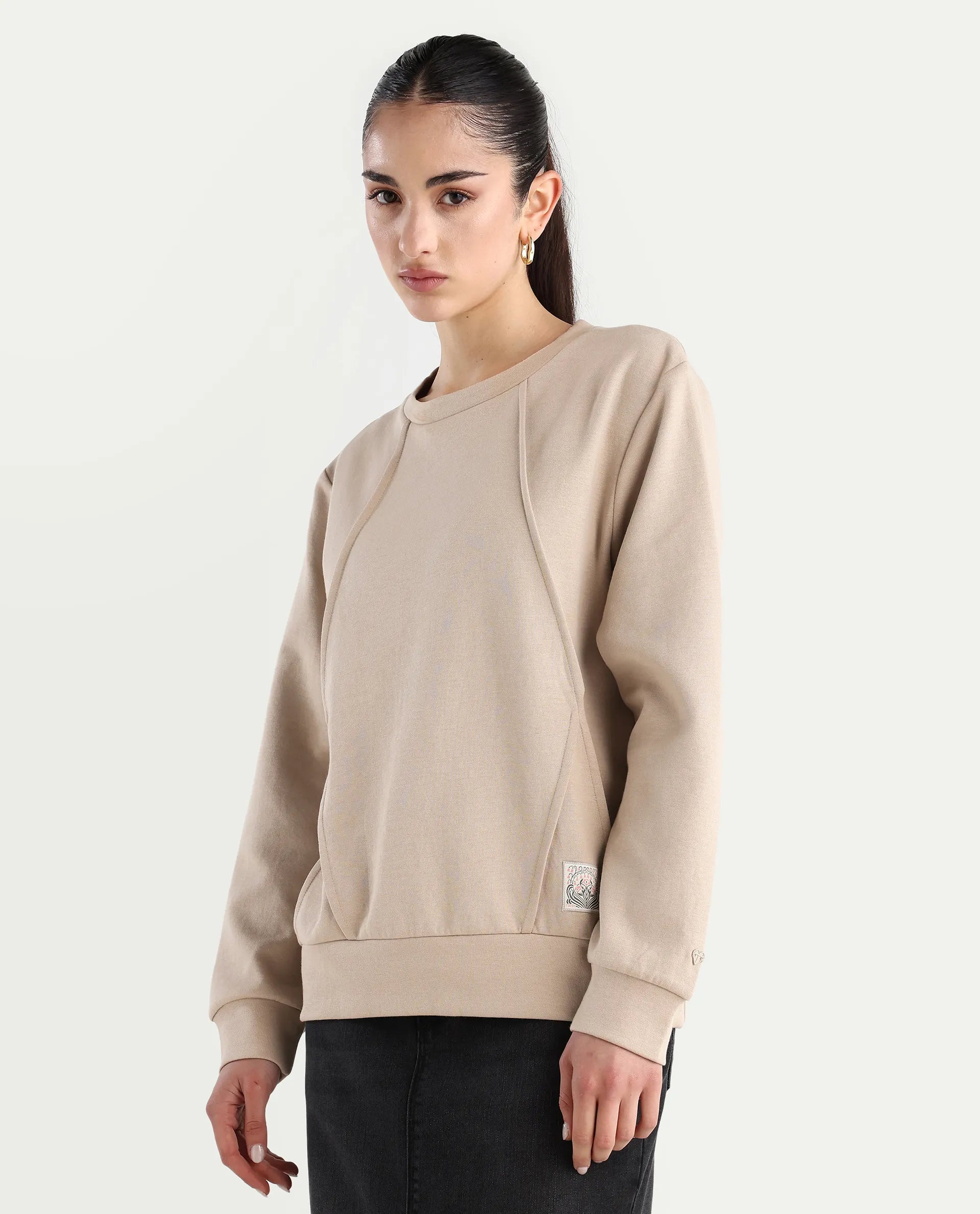 Rareism Women's Yello Beige Cotton Blend Crew Neck Plain Relaxed Fit Sweatshirt