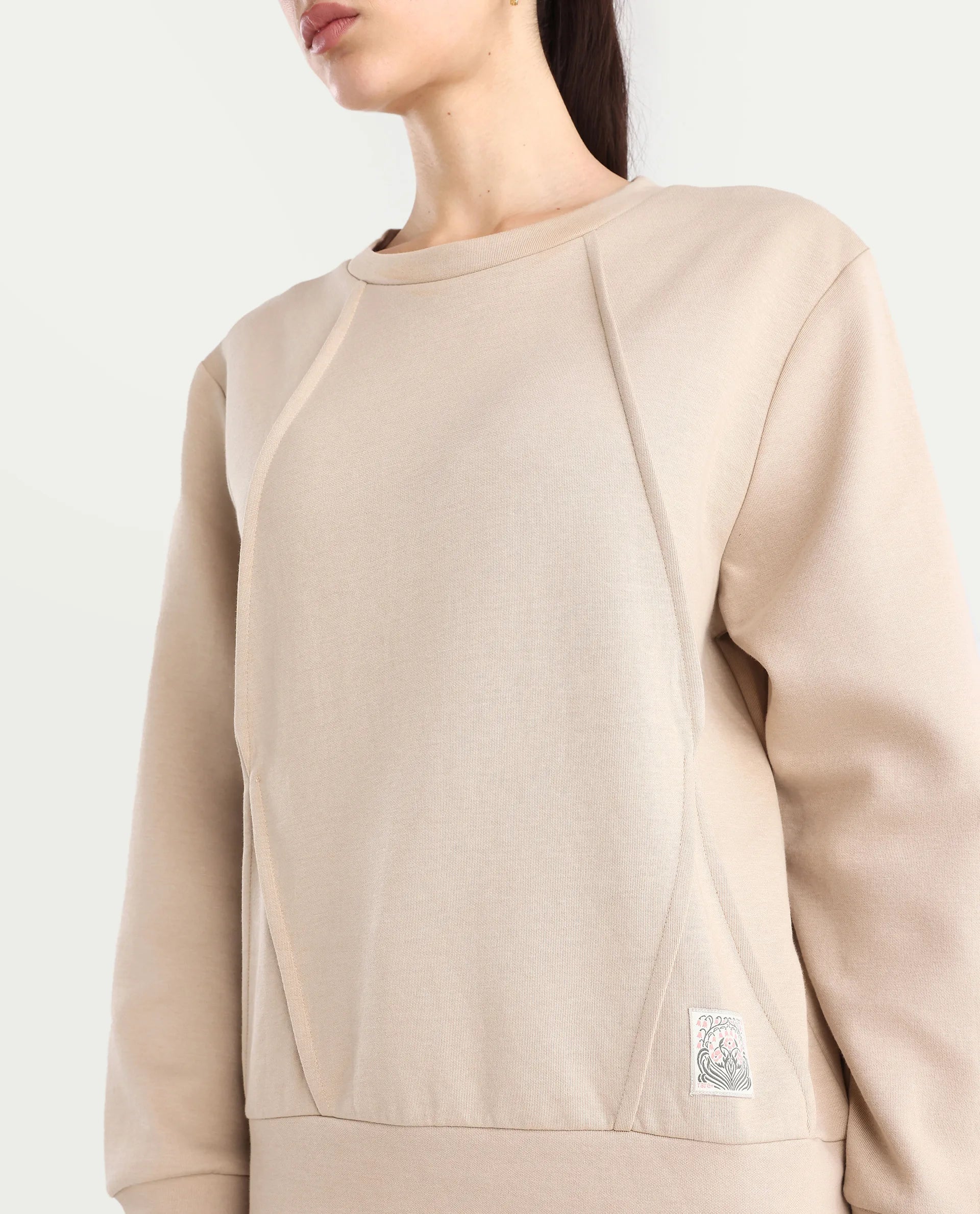 Rareism Women's Yello Beige Cotton Blend Crew Neck Plain Relaxed Fit Sweatshirt