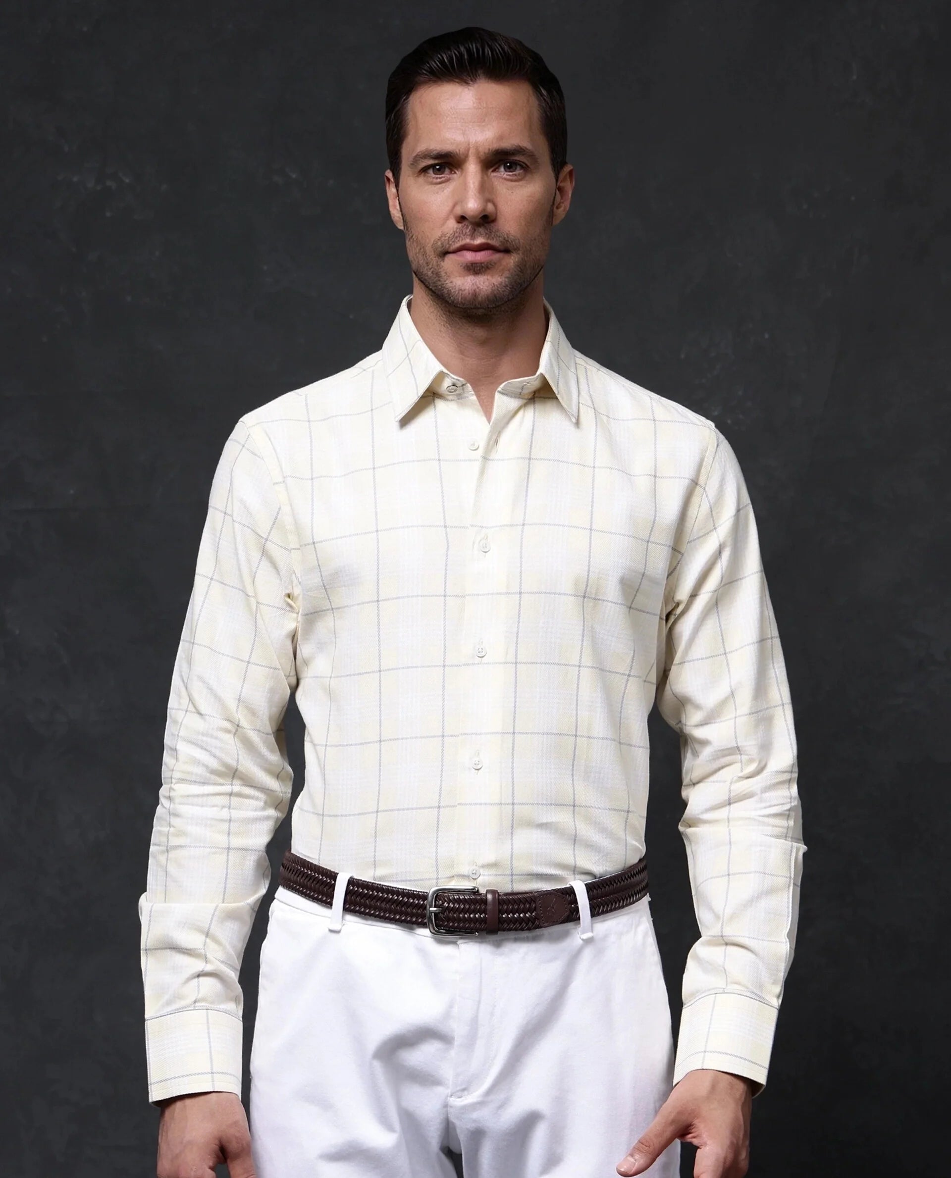 Rare Rabbit Men Yelt Yellow Cotton Fabric Full Sleeve Button Closure Regular Fit Checks Shirt