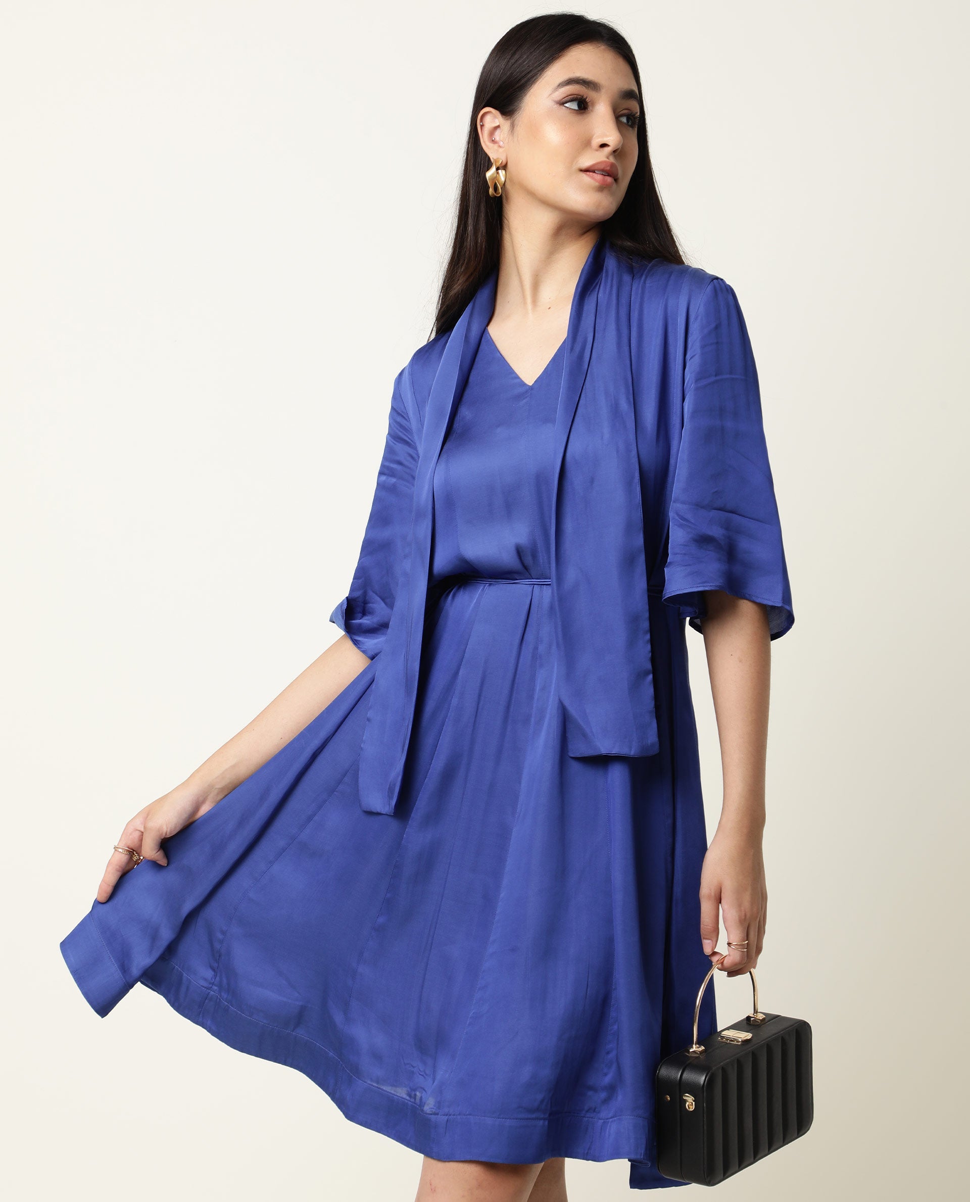 Rareism Women Yeme Blue V Neck With Tie Up Flared Sleeves Mini Dress