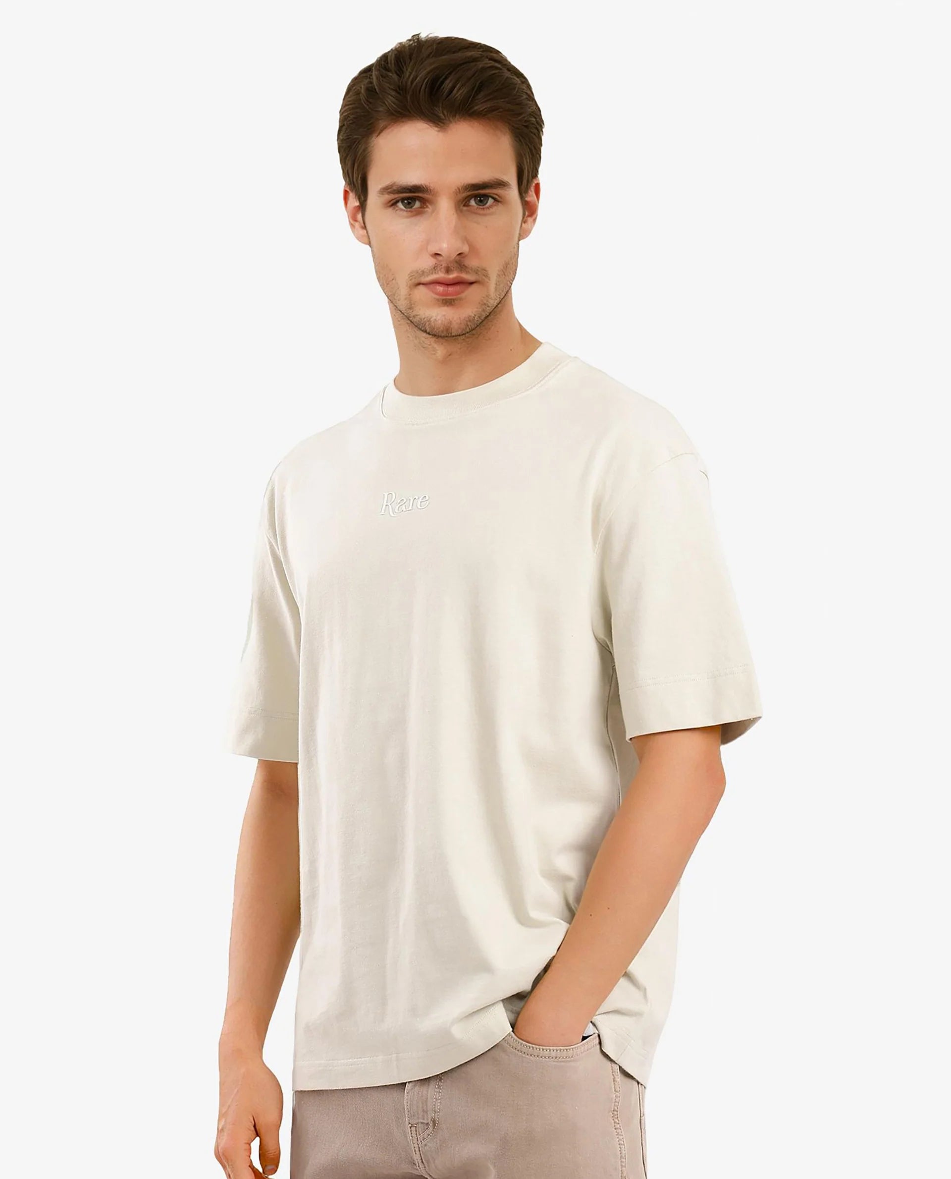 Rare Rabbit Men Yoko Pastel Green Short Sleeve Crew Neck Oversized Fit Placement Logo Print T-Shirt