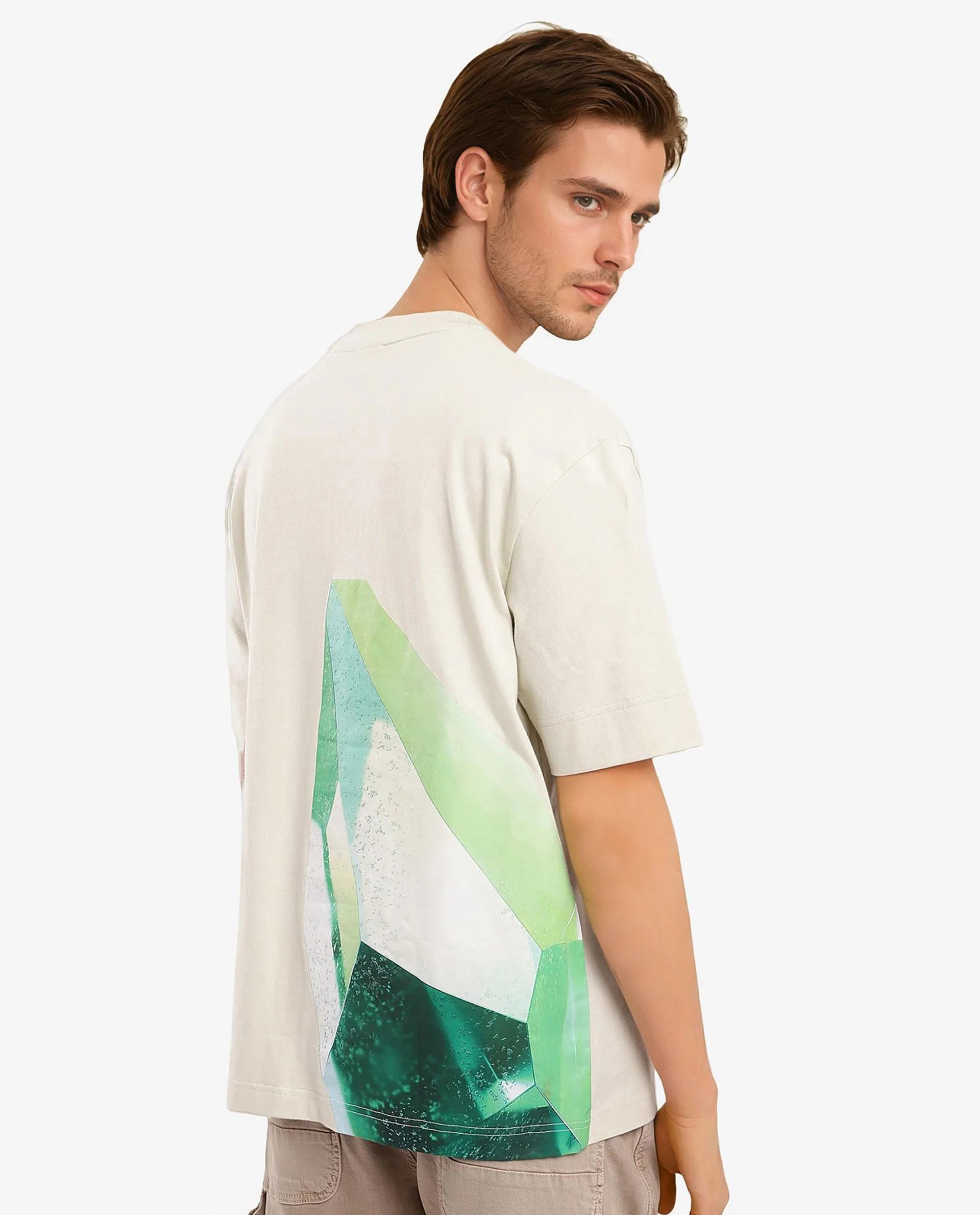 Rare Rabbit Men Yoko Pastel Green Short Sleeve Crew Neck Oversized Fit Placement Logo Print T-Shirt